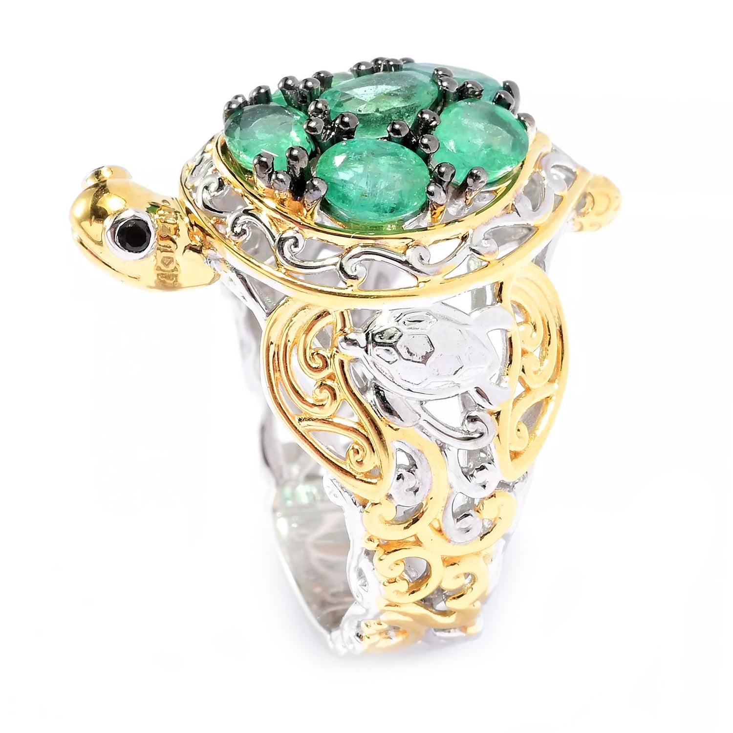 Gems en Vogue 1.89ctw Grizzly Emerald & Black Spinel Turtle Ring