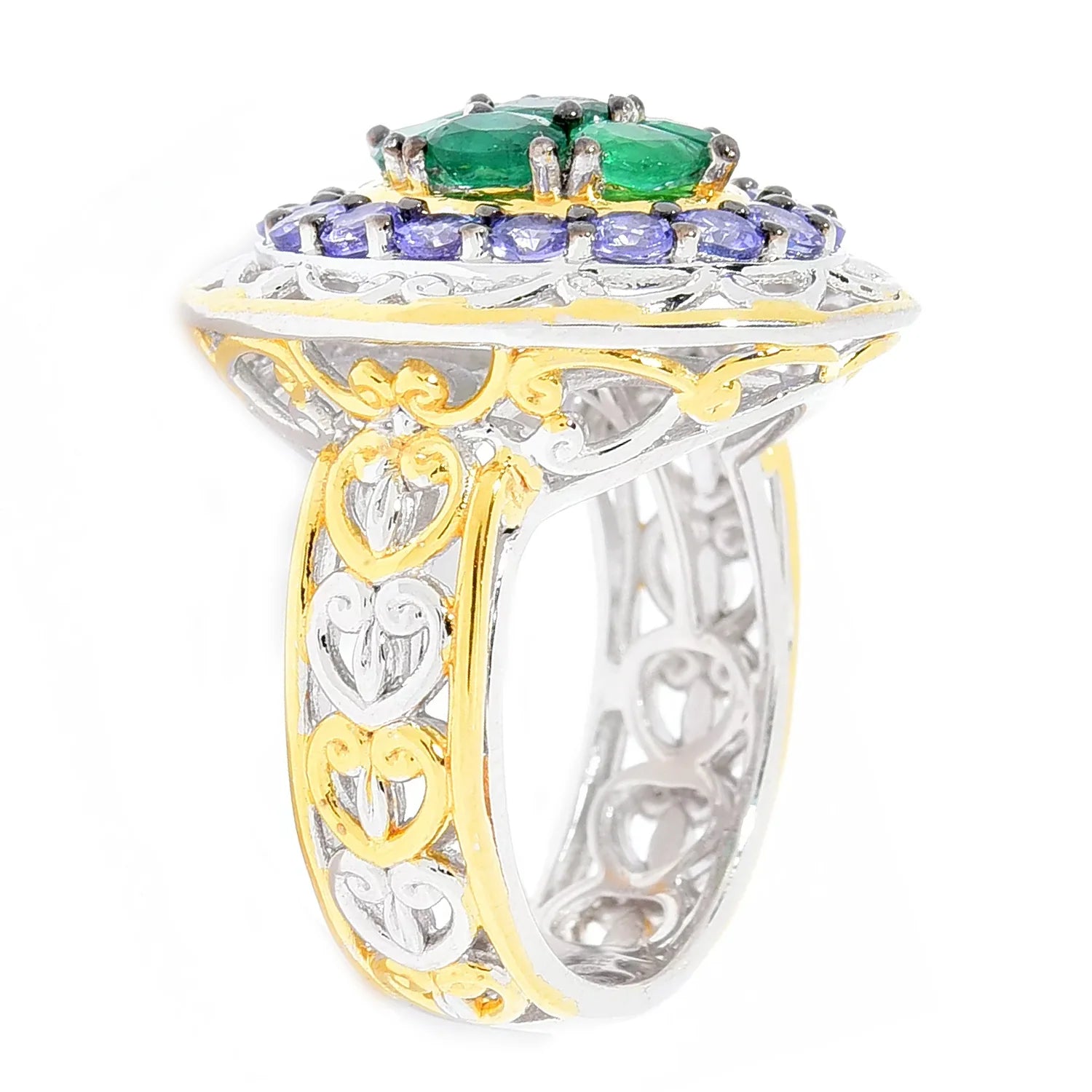 Gems en Vogue 2.47ctw Grizzly Emerald & Tanzanite Cluster Halo Ring