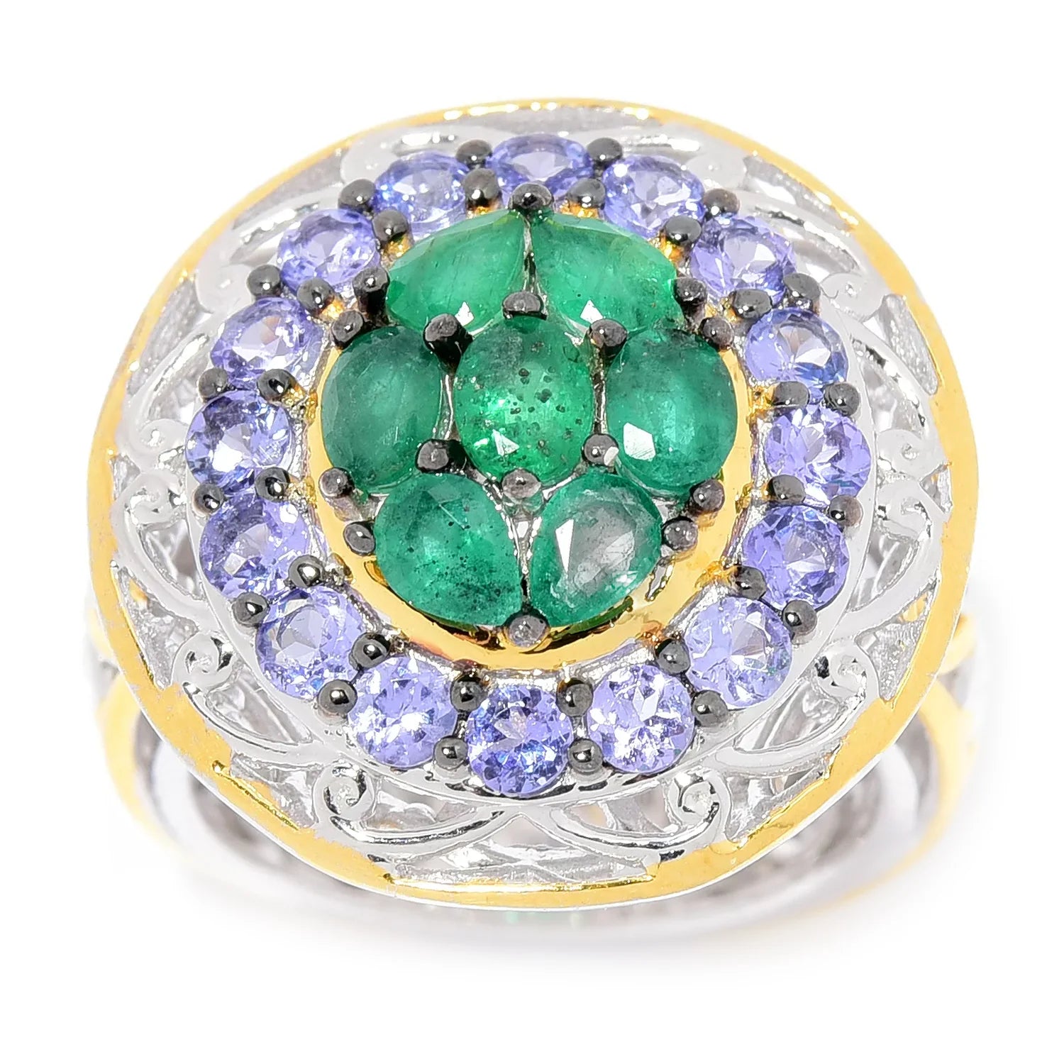 Gems en Vogue 2.47ctw Grizzly Emerald & Tanzanite Cluster Halo Ring