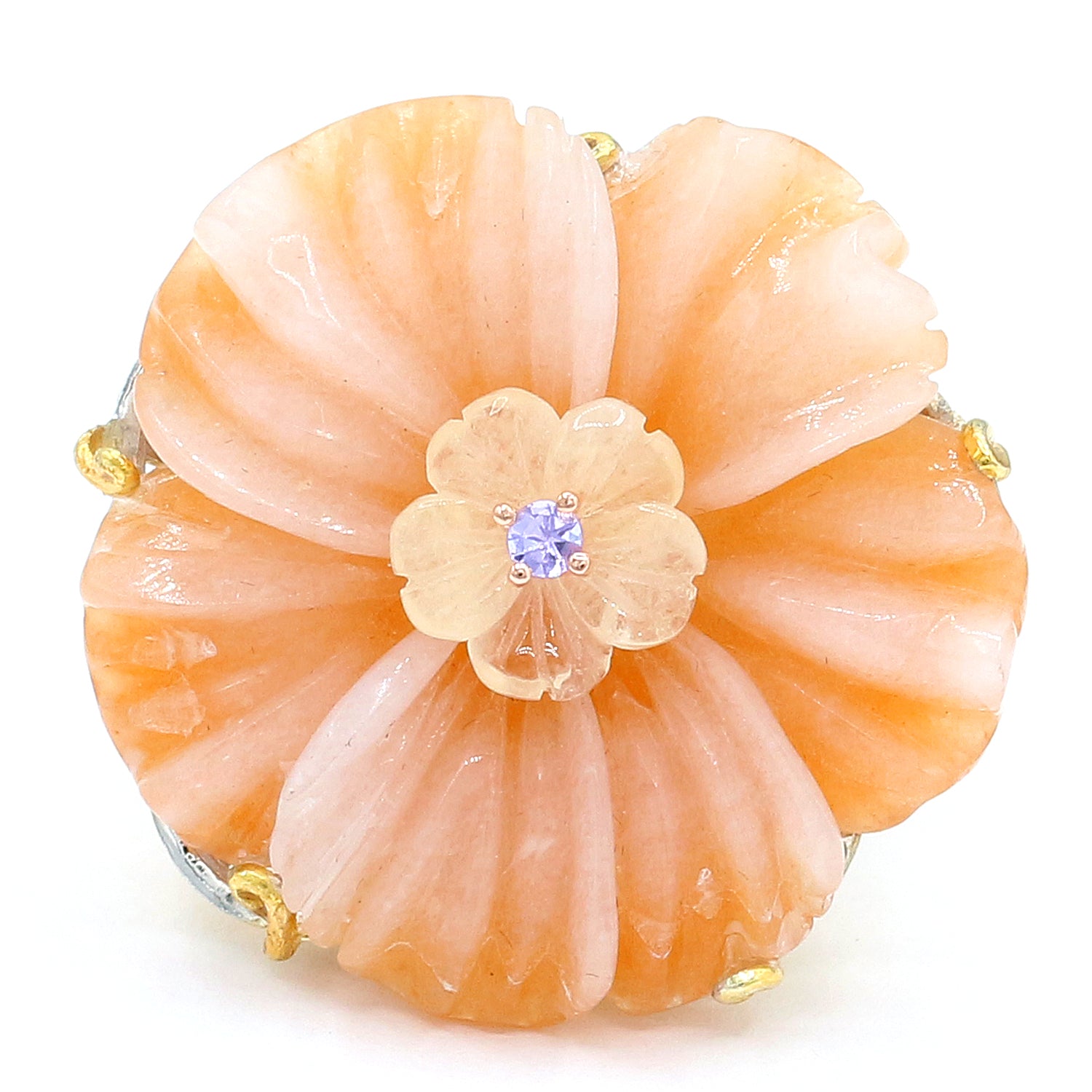 Gems en Vogue One-of-a-Kind Carved Peach Moonstone, Citrine & Tanzanite Flower Ring