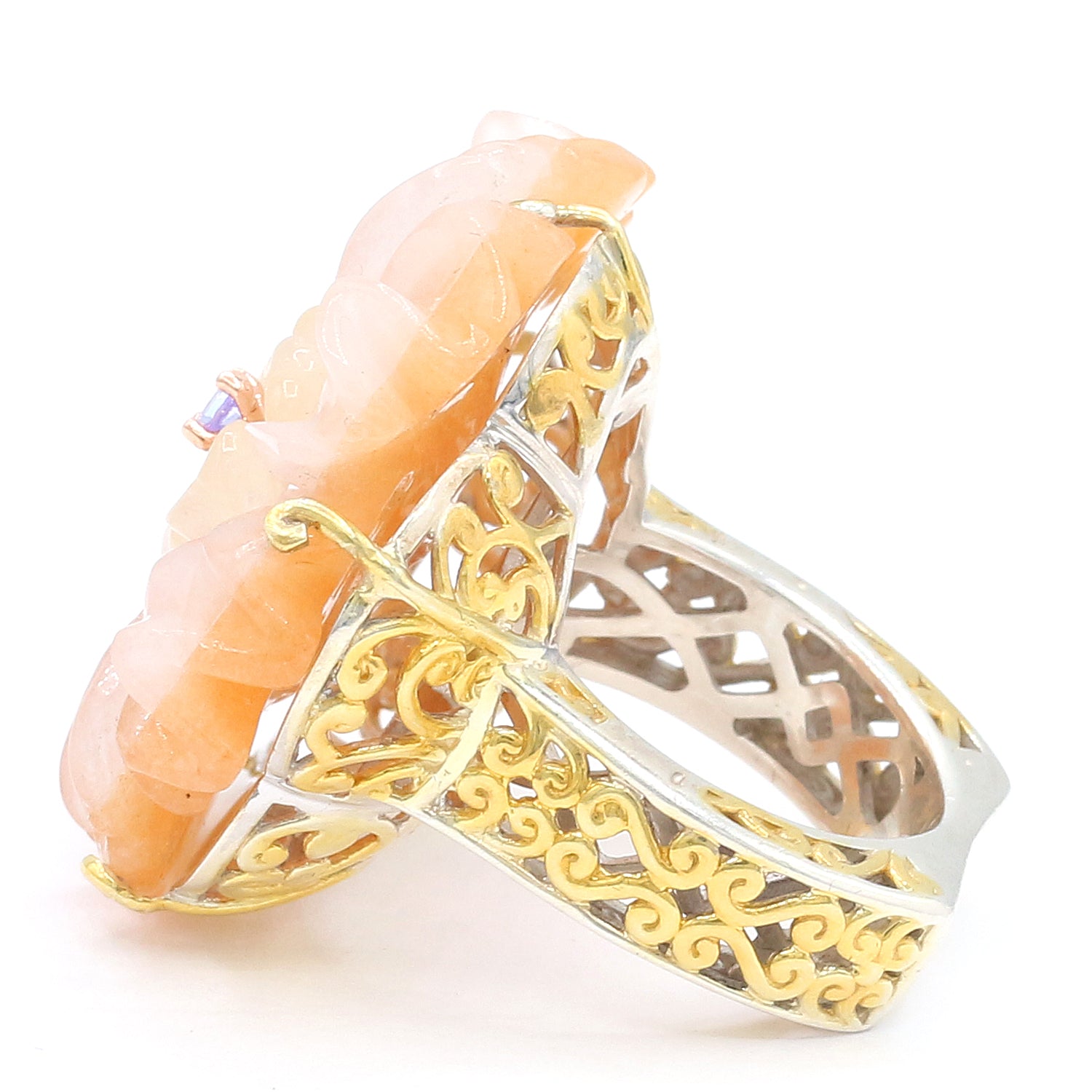 Gems en Vogue One-of-a-Kind Carved Peach Moonstone, Citrine & Tanzanite Flower Ring