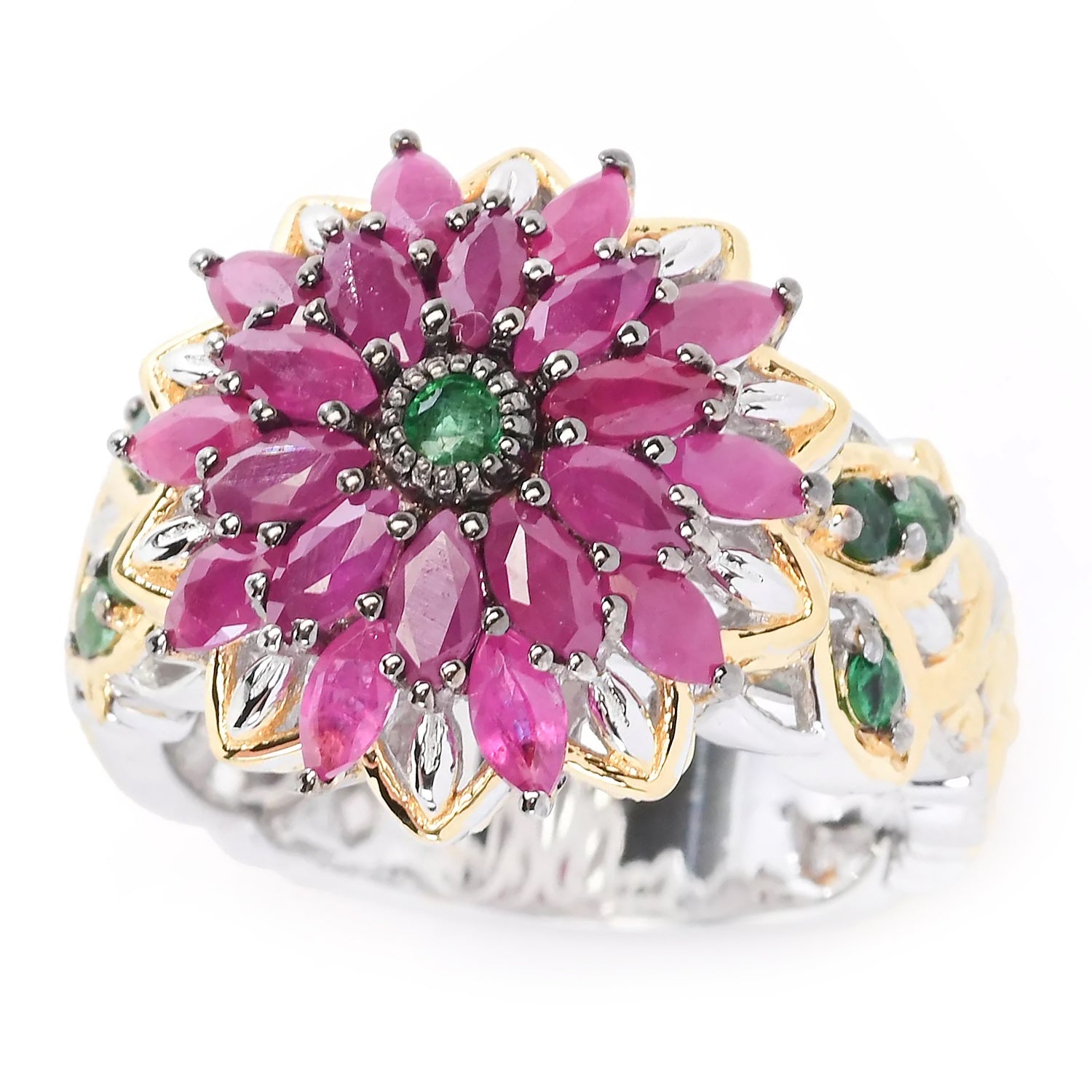 Gems en Vogue 2.30ctw Ruby & Grizzly Emerald Flower Ring