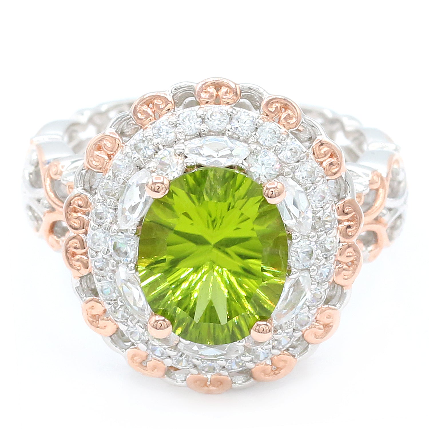 Gems en Vogue 4.88ctw Millennium Cut Peridot & White Zircon Double Halo Ring