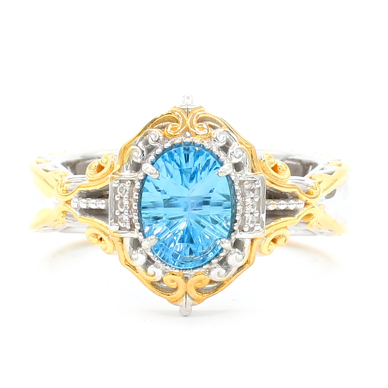 Gems en Vogue 24K Palladium Silver Millennium Cut 1.54ctw Swiss Blue Topaz & White Zircon Ring
