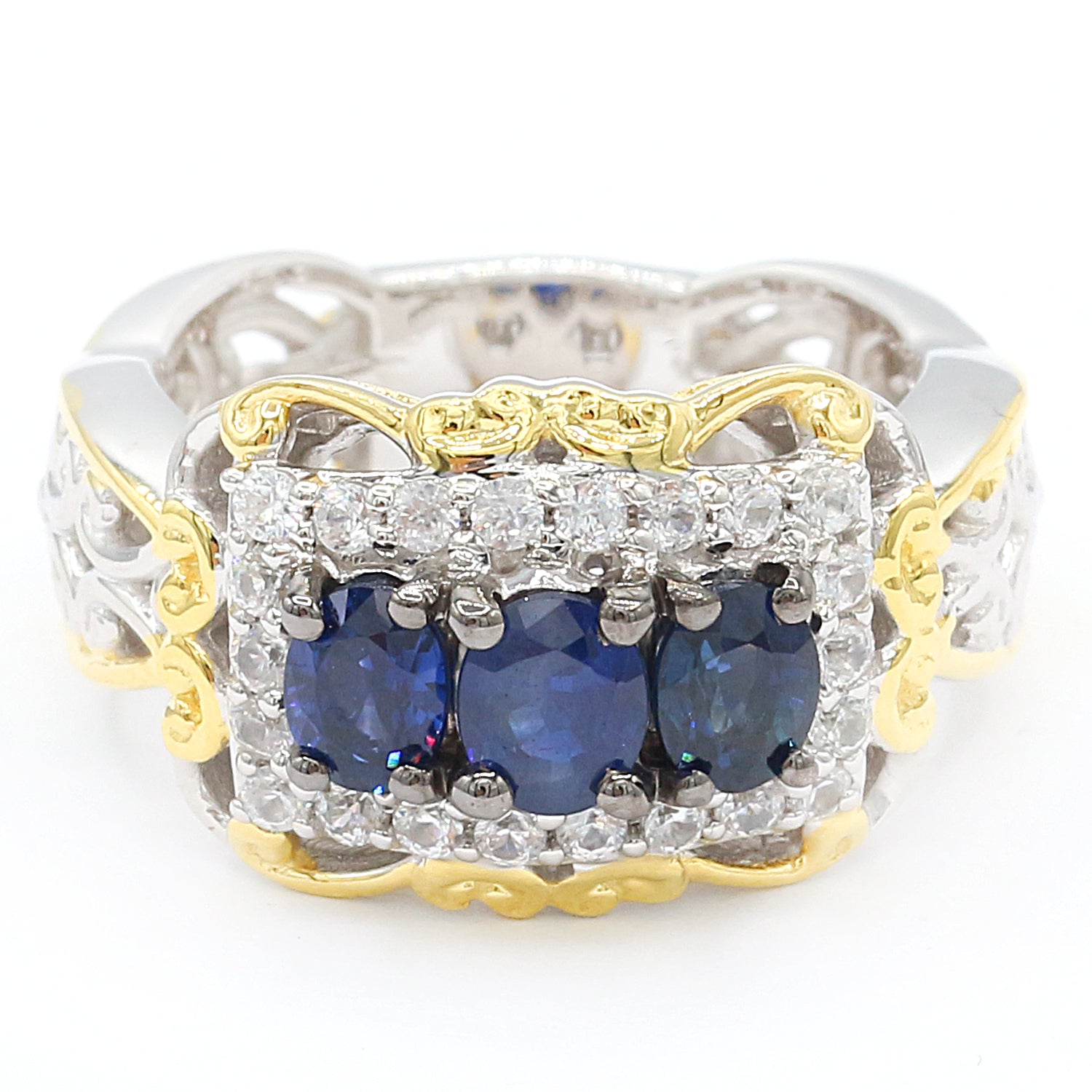 Gems en Vogue 1.70ctw Mogok Blue Sapphire & White Zircon Three Stone Ring