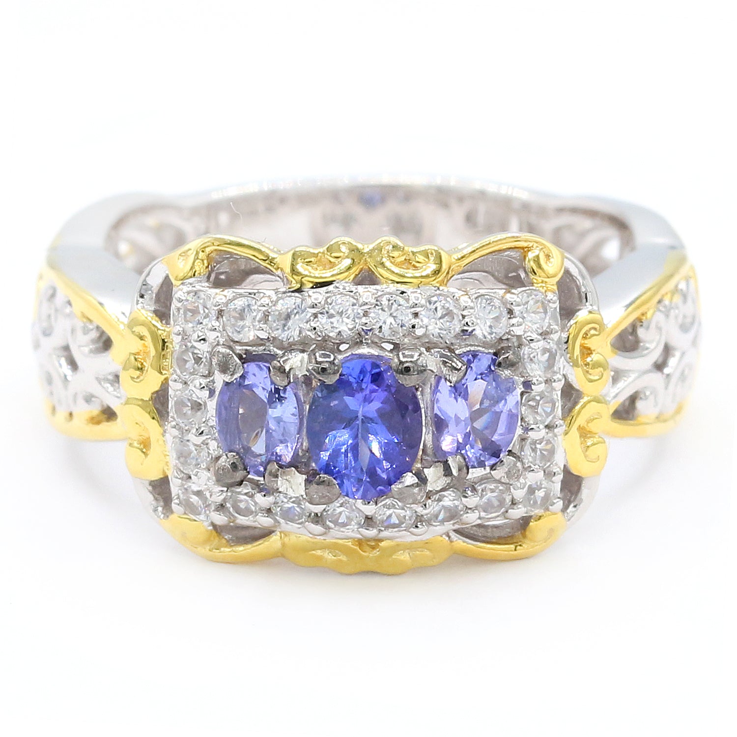 Gems en Vogue 1.47ctw Tanzanite & White Zircon Three Stone Ring