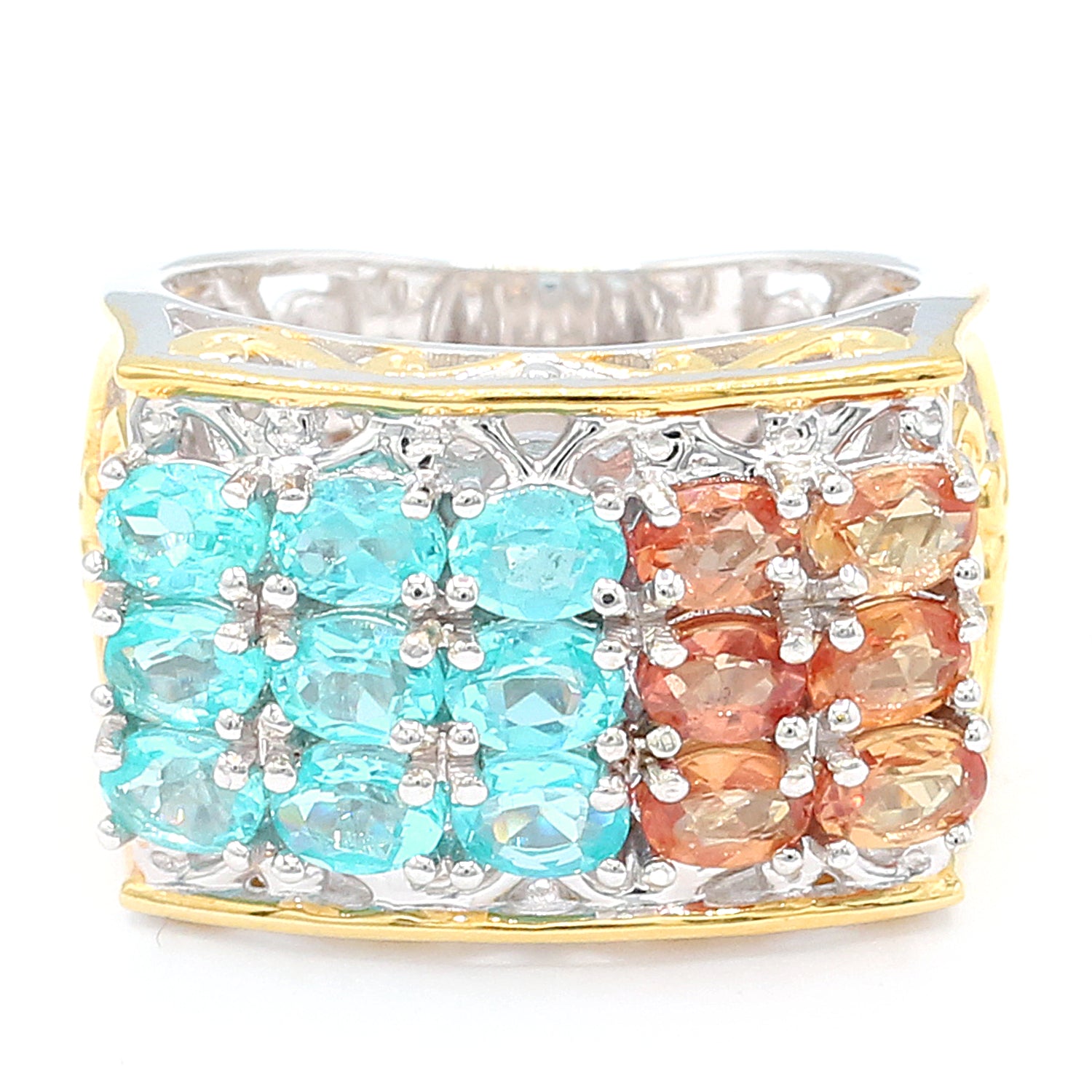 Gems en Vogue One-of-a-kind 3.30ctw Dauphin Apatite & Salmon Sapphire Three Row Band Ring