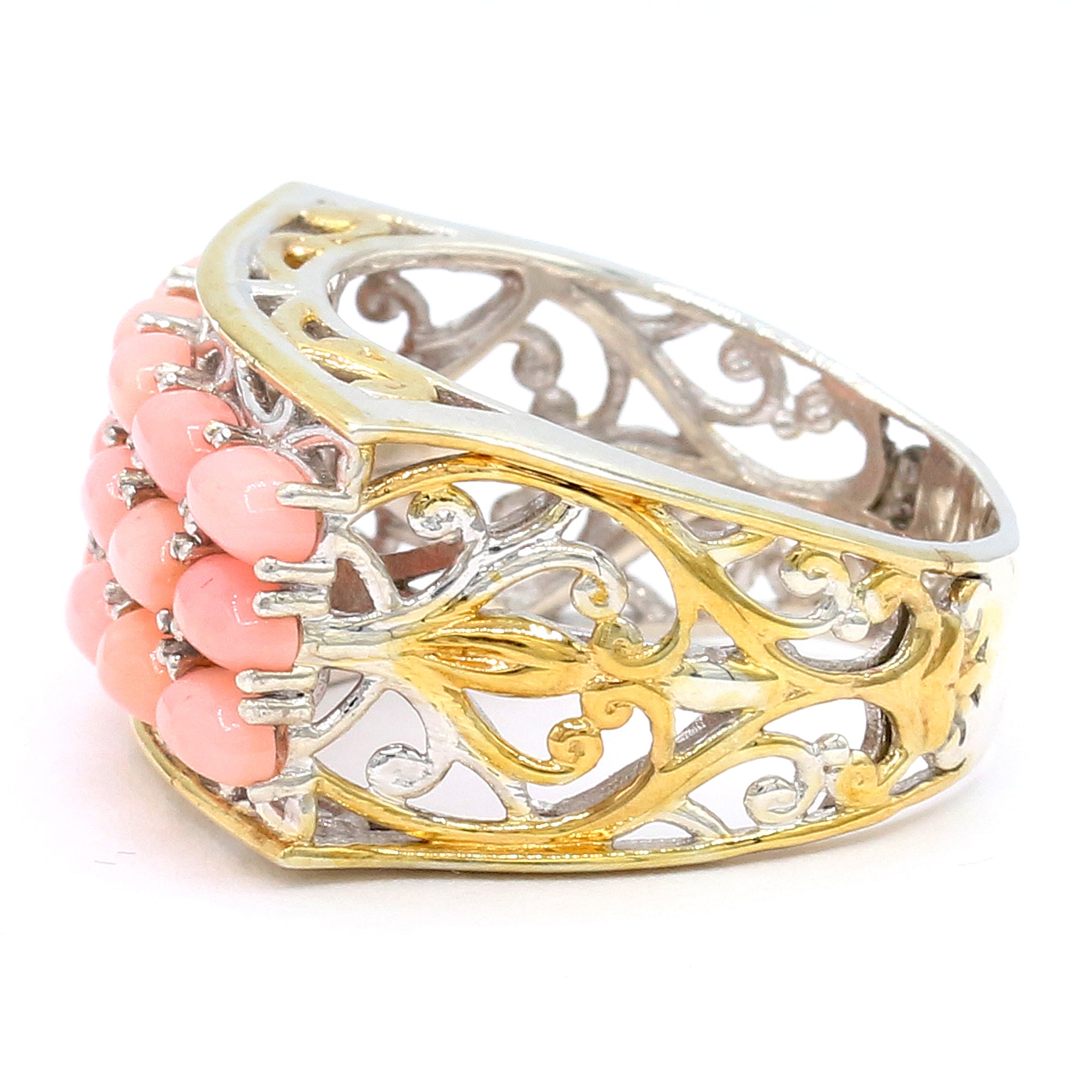 Gems en Vogue One-of-a-Kind 24K Palladium Silver Pink Coral Three Row Ring