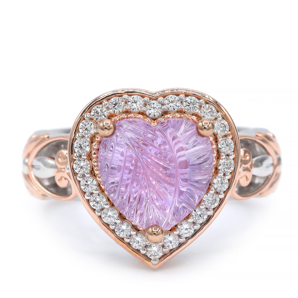 Gems en Vogue One-of-a-Kind 18K Palladium Silver 4.02ctw Special Carved Heart Shape Leaf Pink Amethyst & White Zircon Ring