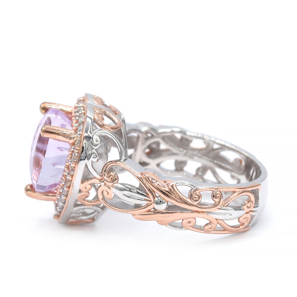 Gems en Vogue One-of-a-Kind 18K Palladium Silver 4.02ctw Special Carved Heart Shape Leaf Pink Amethyst & White Zircon Ring