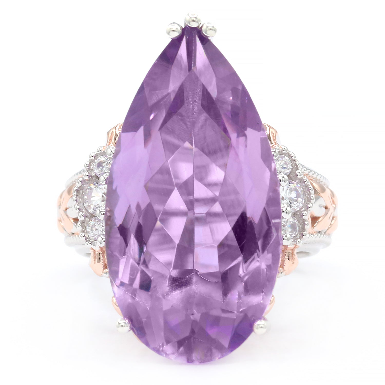 Gems en Vogue 18.27ctw Pearshaped Pink Amethyst & White Zircon Ring