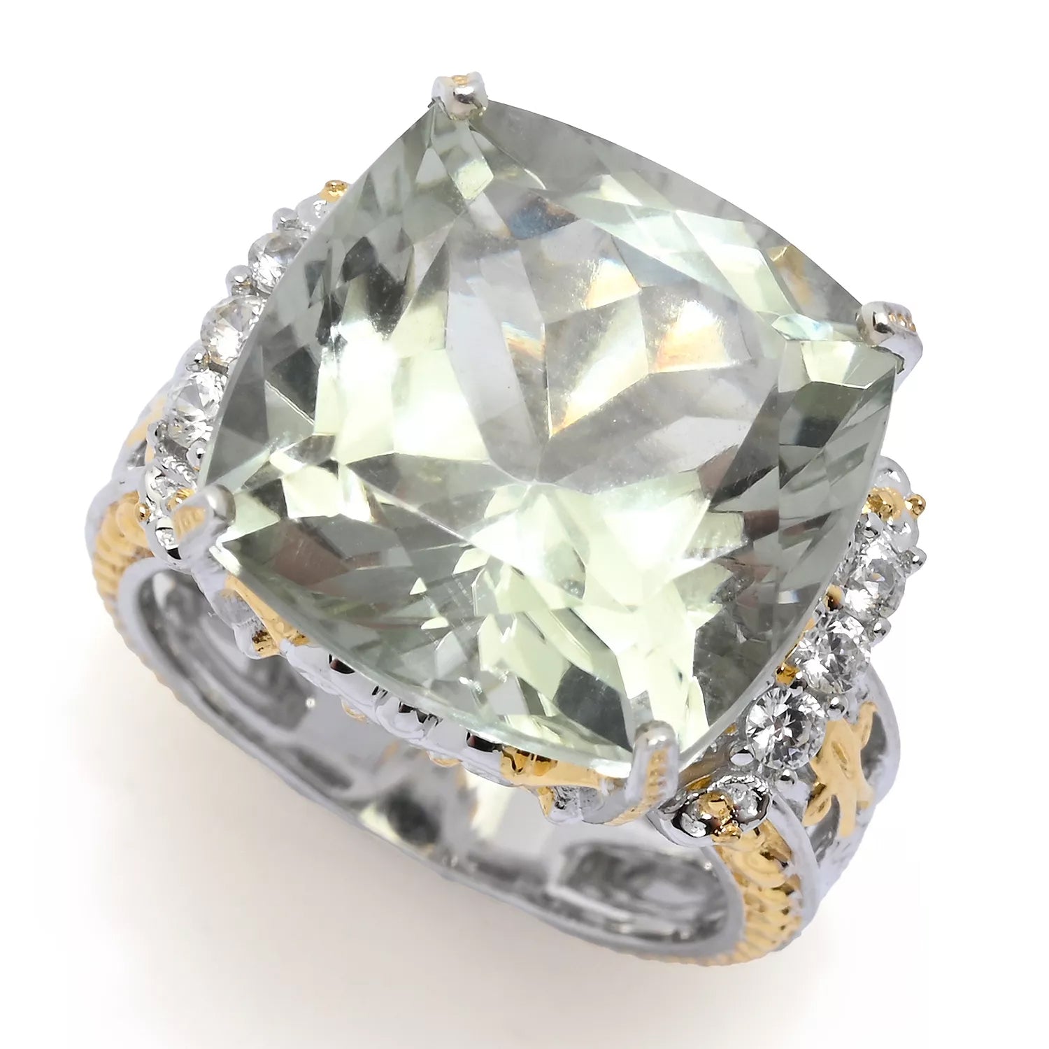 Gems en Vogue 14.15ctw Square Cushion Prasiolite & White Zircon Ring