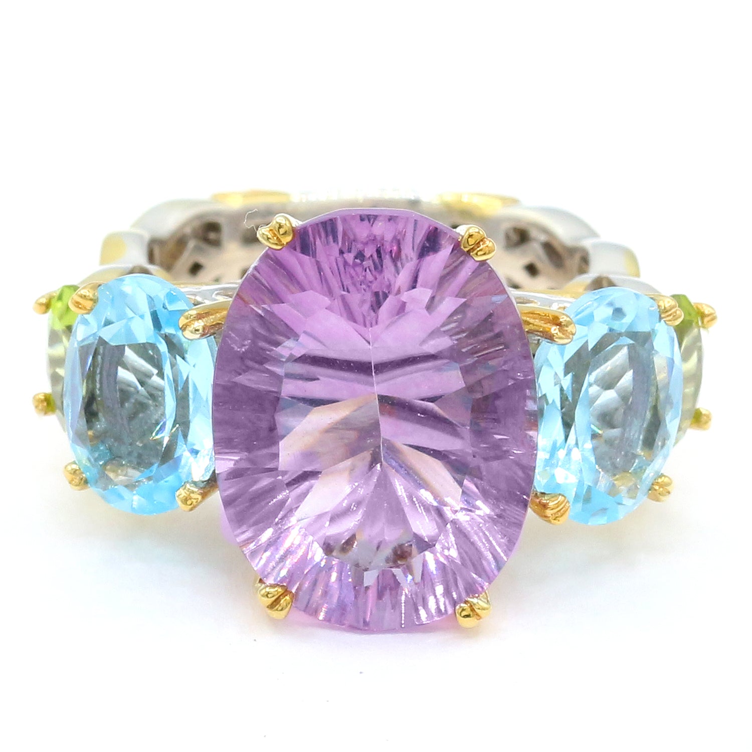 Gems en Vogue 13.36ctw Millennium Special Cut Lilac Fluorite, Blue Topaz & Peridot Five Stone Ring