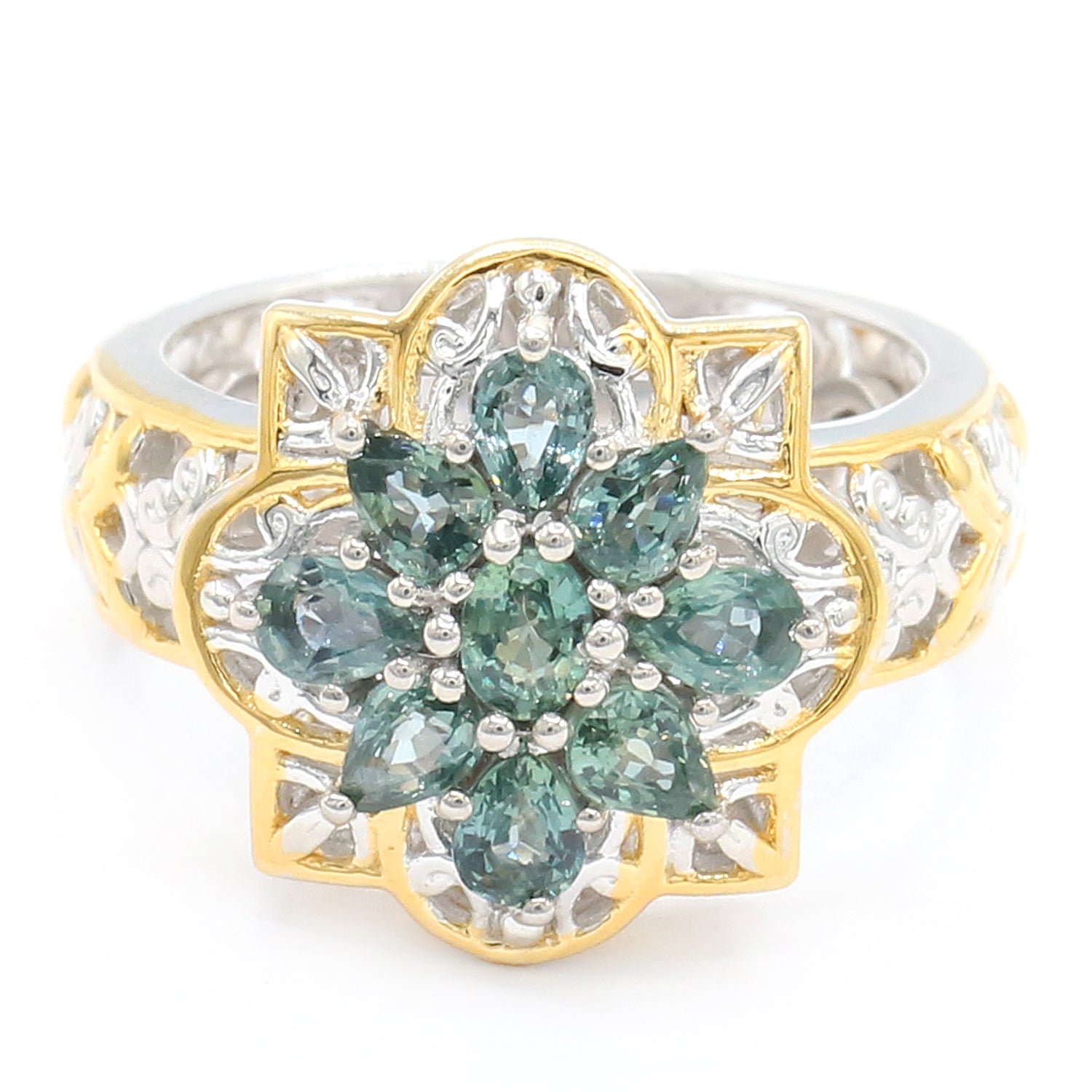 Gems en Vogue 1.76ctw Teal Sapphire Cluster Flower Ring