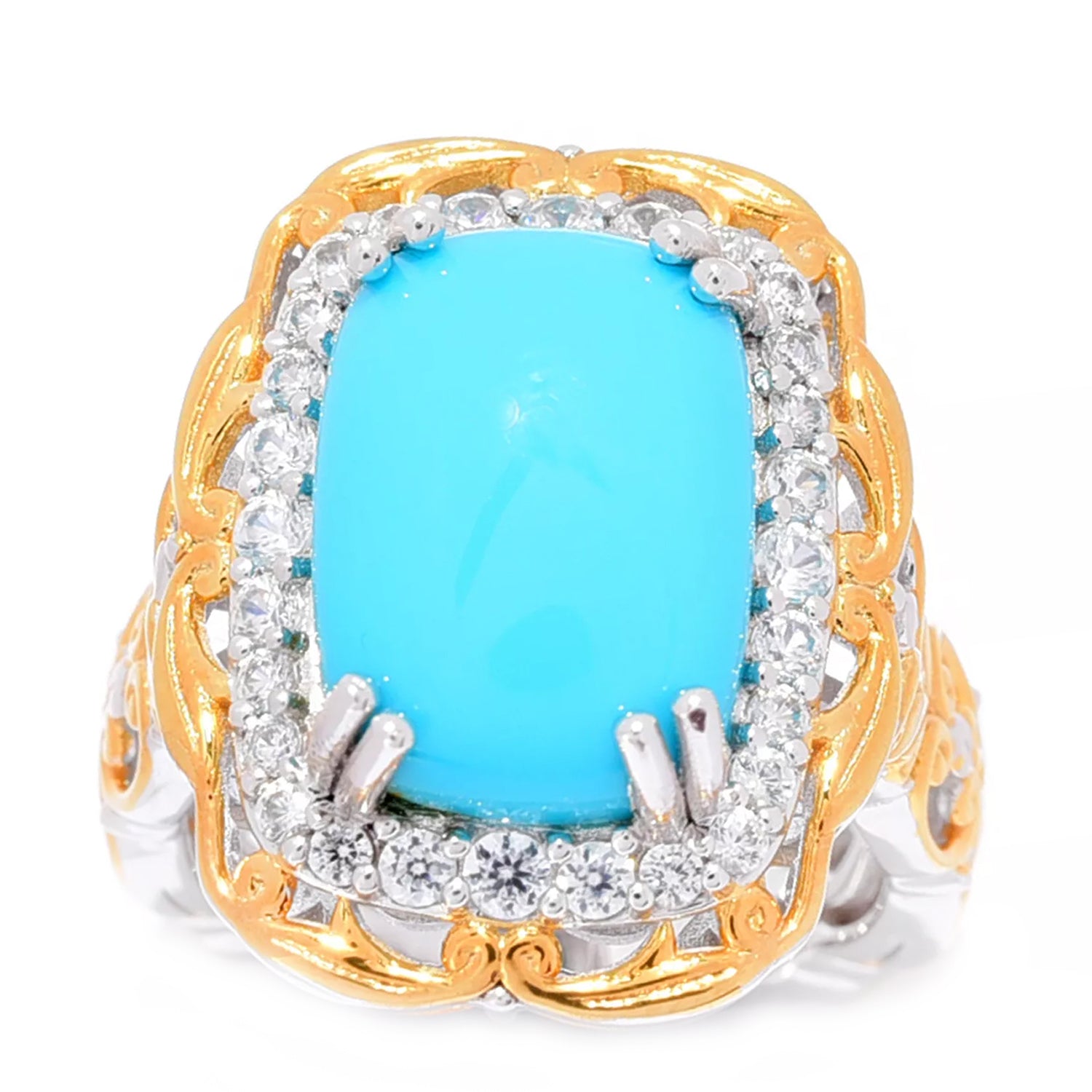 Gems en Vogue Cushion Sleeping Beauty Turquoise & White Zircon Ring