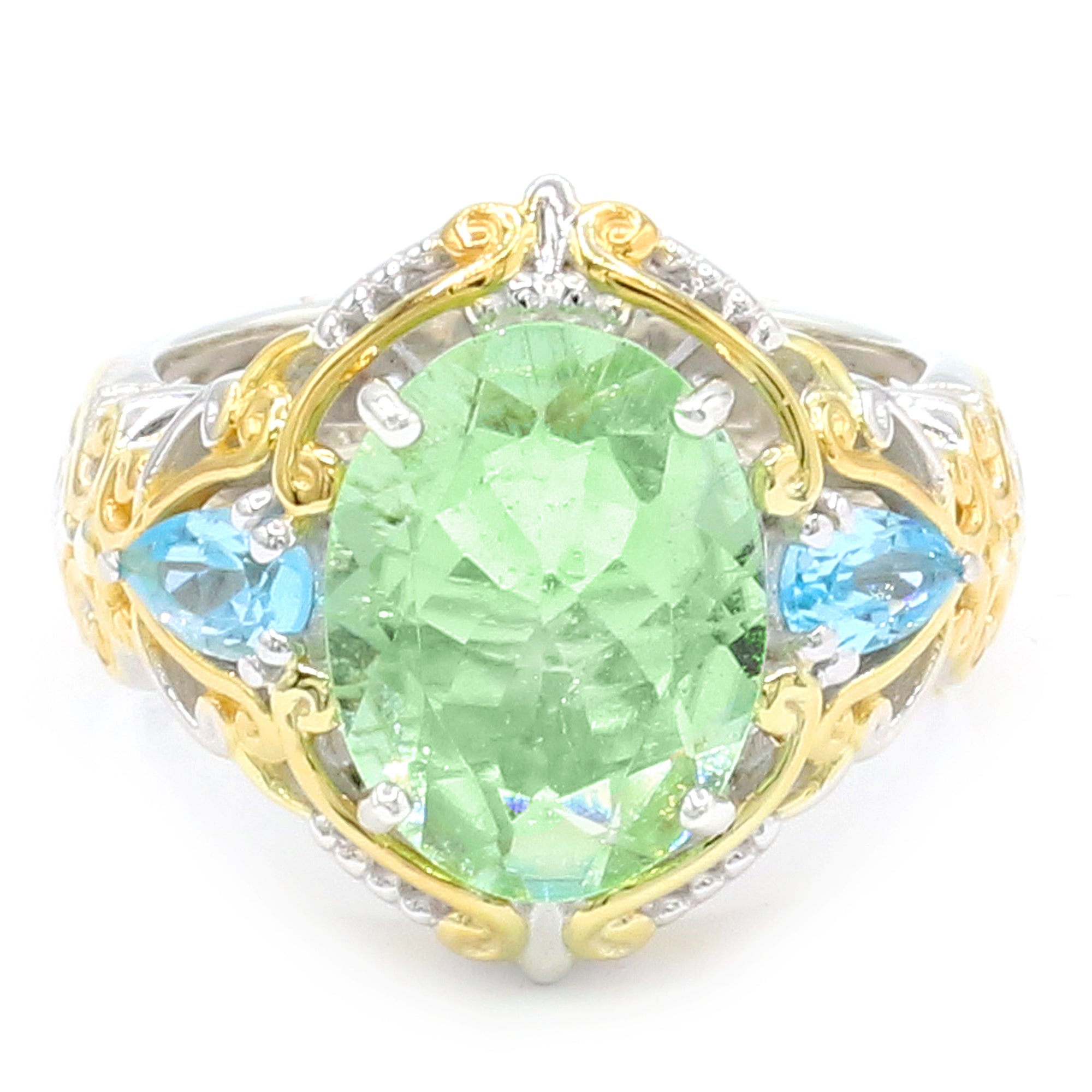 Couture Gems One-of-a-Kind 24K Palladium Silver 3.57ctw Mint Green Tourmaline & Swiss Blue Topaz Ring