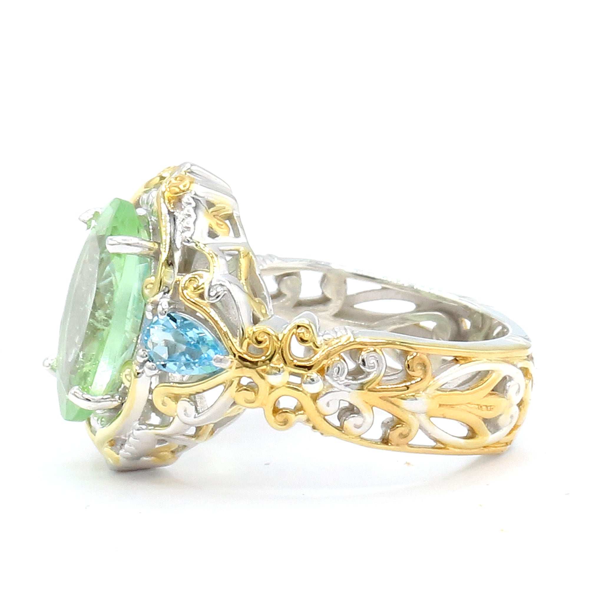 Couture Gems One-of-a-Kind 24K Palladium Silver 3.57ctw Mint Green Tourmaline & Swiss Blue Topaz Ring