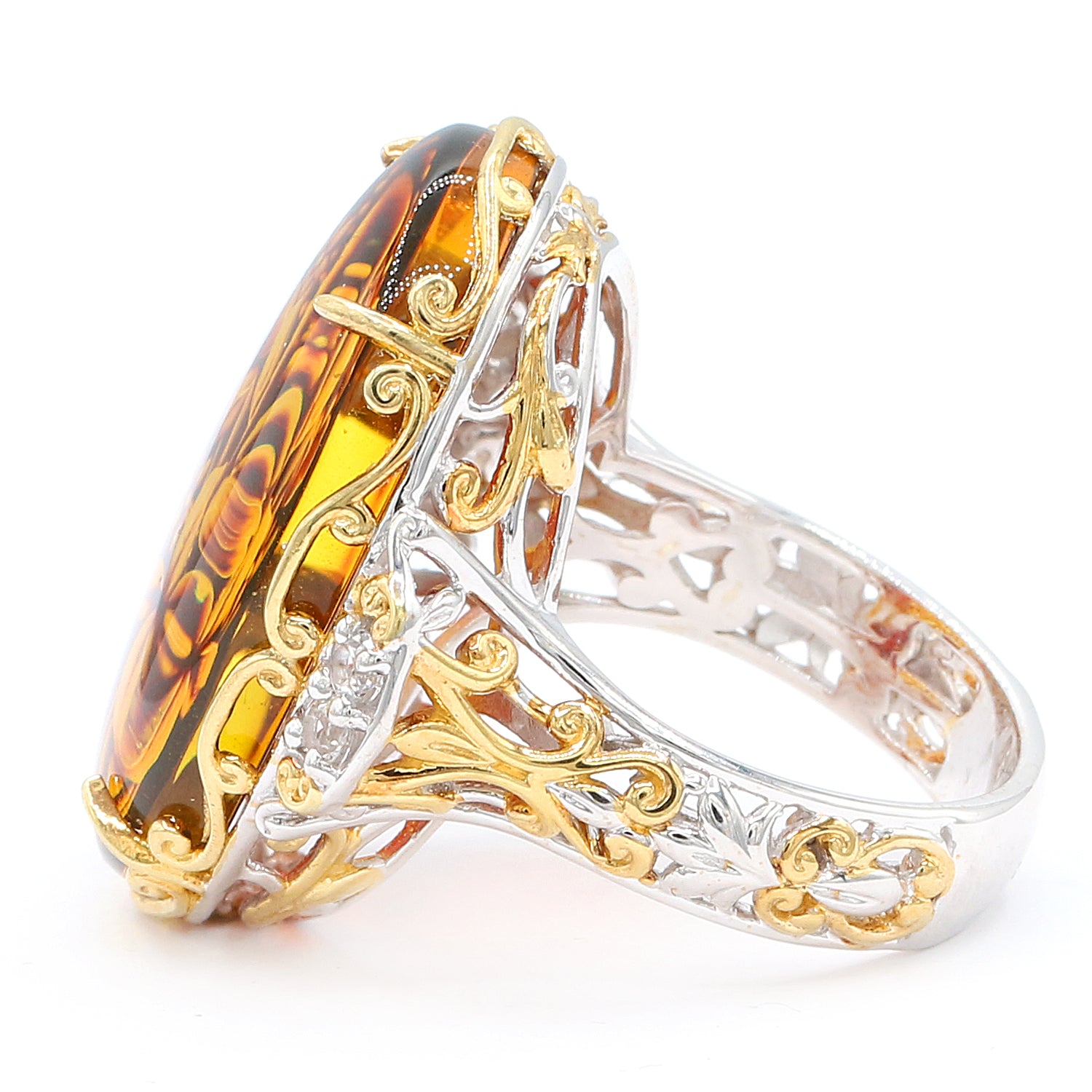 Gems en Vogue Oval Carved Amber & White Topaz Flower Boutique Ring