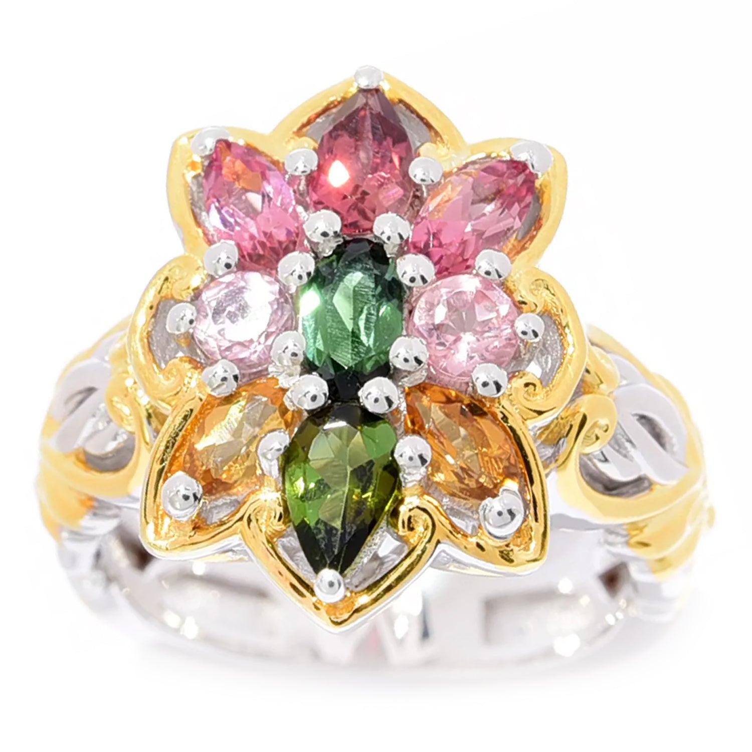 Gems en Vogue 1.56ctw Multi Color Congo Tourmaline Flower Cluster Ring