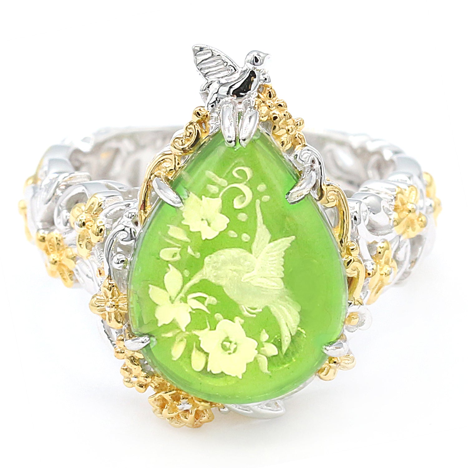 Gems en Vogue Carved Green Amber Humming Bird & Flower Ring