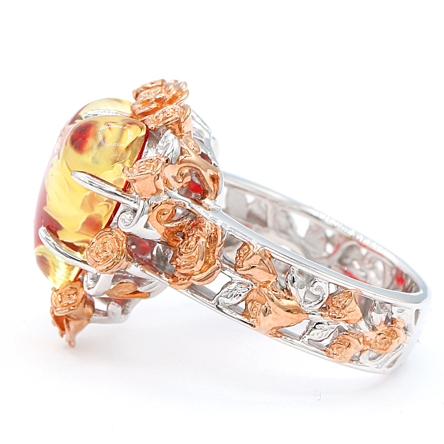 Gems en Vogue 18K Palladium Silver Carved Red Amber Rose Flower Heart Ring