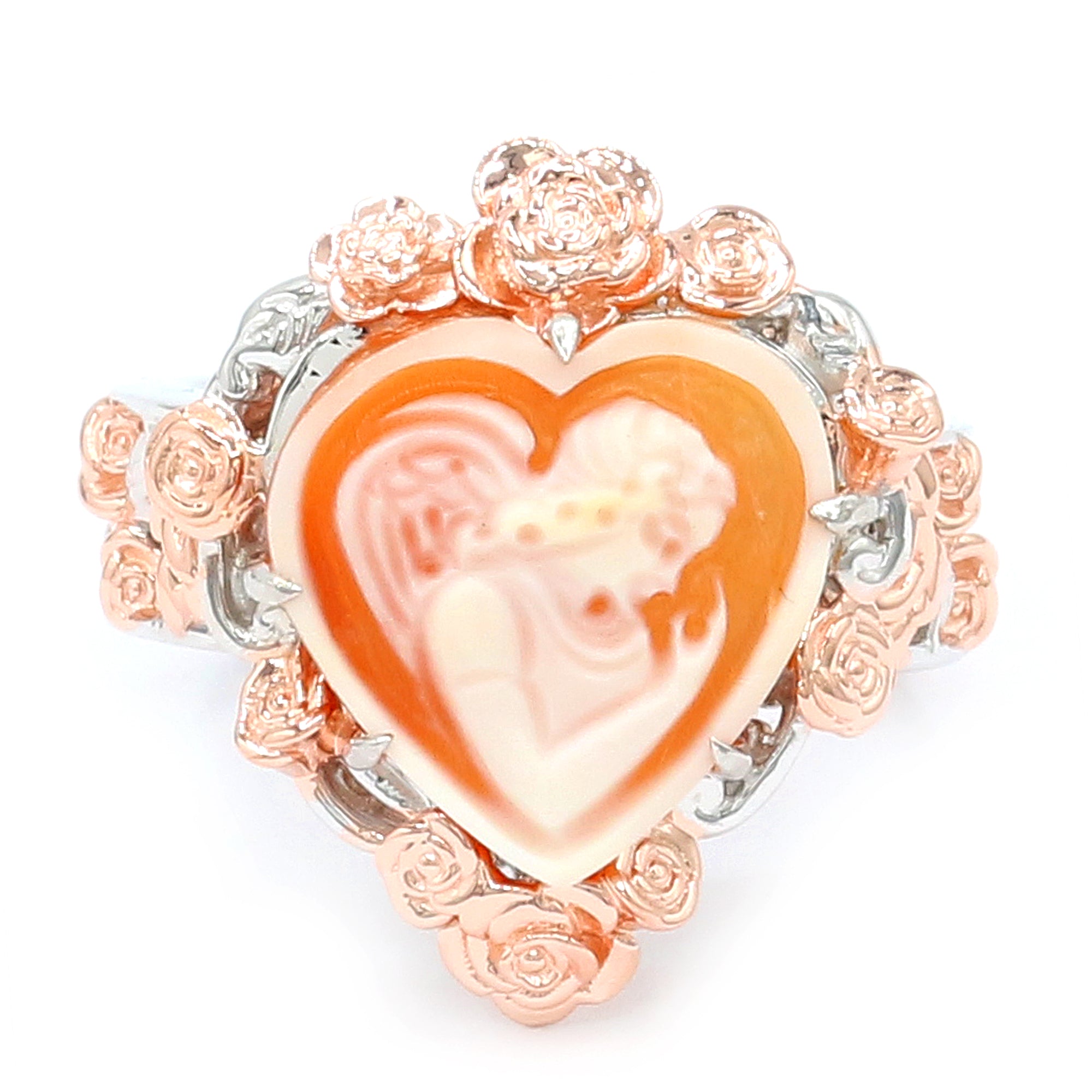 Gems en Vogue 24K Palladium Silver Carved Winged Angel Cameo Heart & Rose Flower Ring