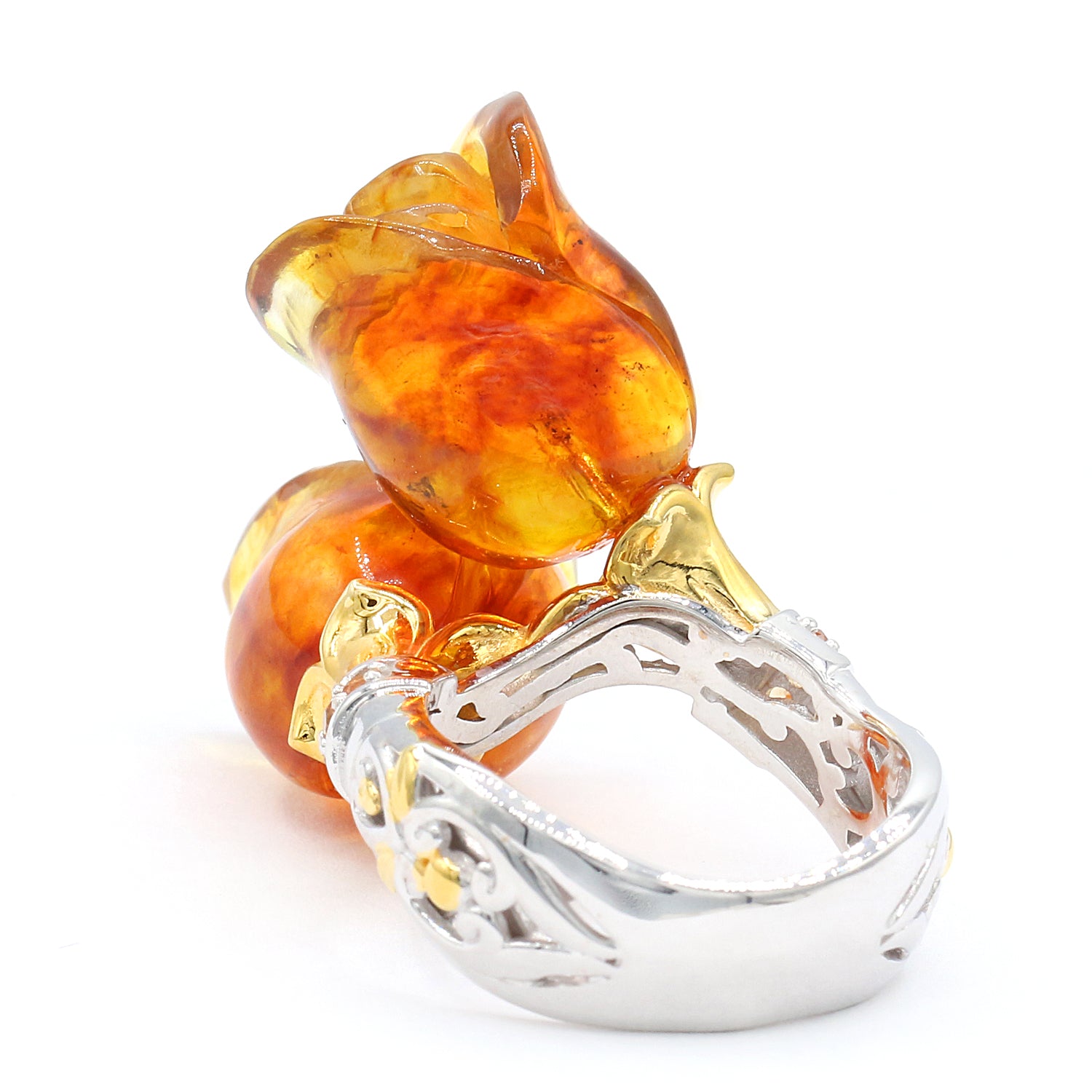 Gems en Vogue Carved Amber & Orange Sapphire Tulip Flower Ring