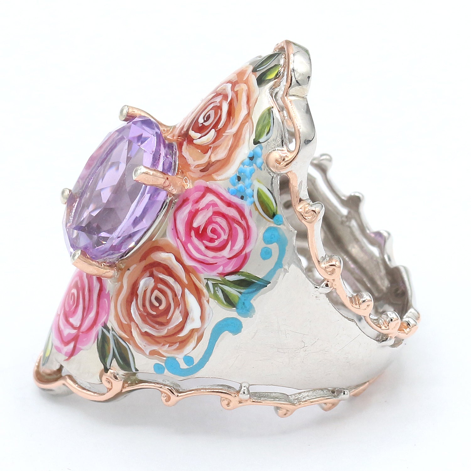 Gems en Vogue 4.40ctw Pink Amethyst Painted Rose Flower Ring