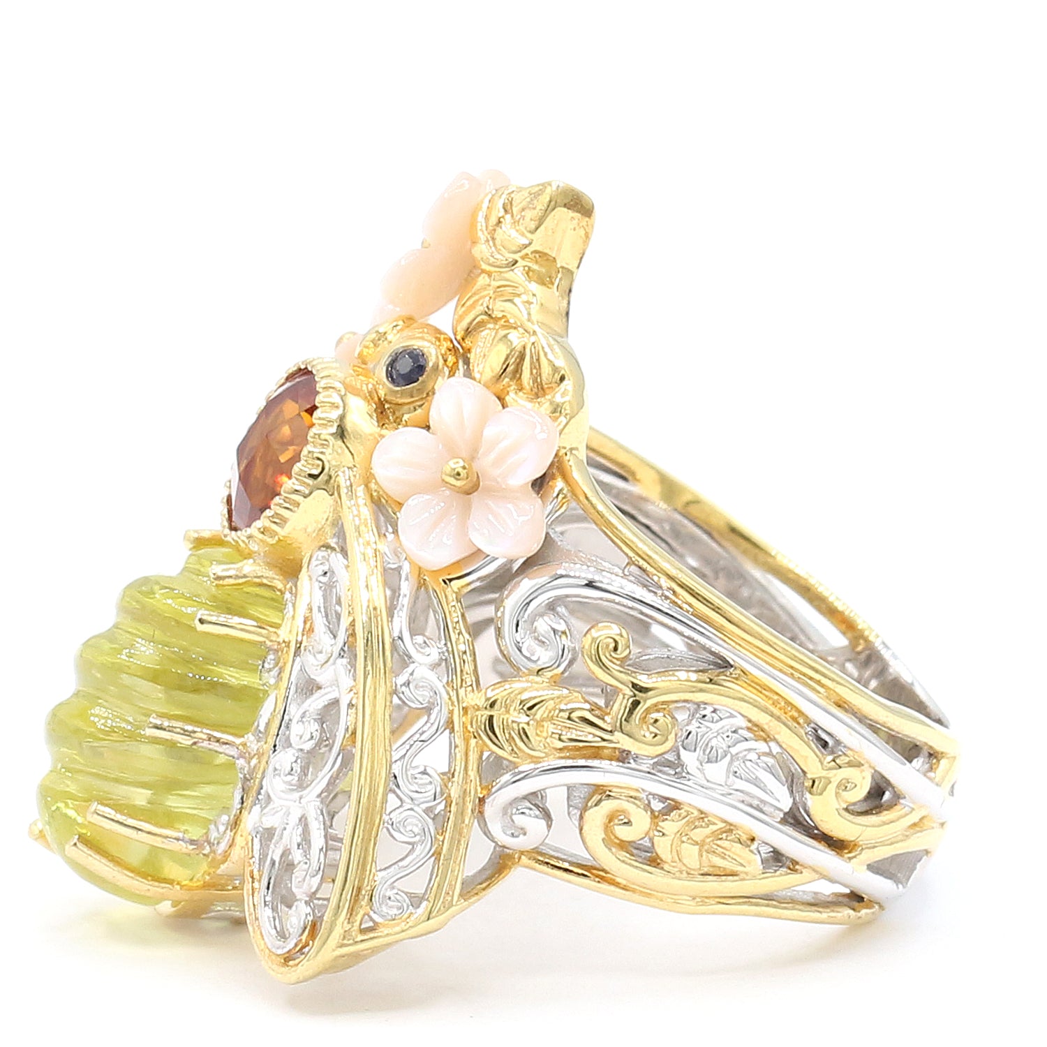Gems en Vogue 7.58ctw Special Cut Ouro Verde & Multi Gemstones Bee & Flower Ring