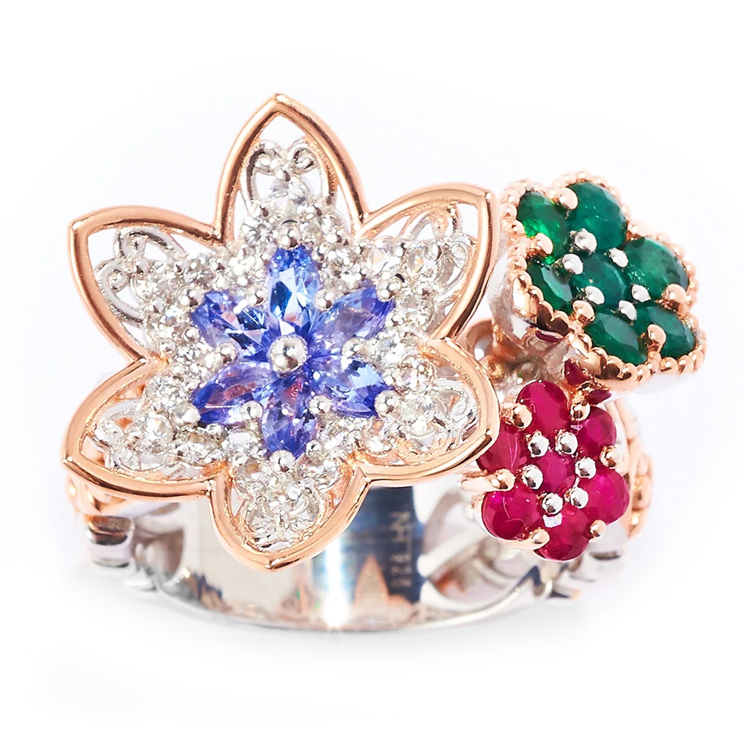 Gems en Vogue 2.09ctw Tanzanite, Emerald, Ruby & Zircon Multi Gemstones Flower Ring