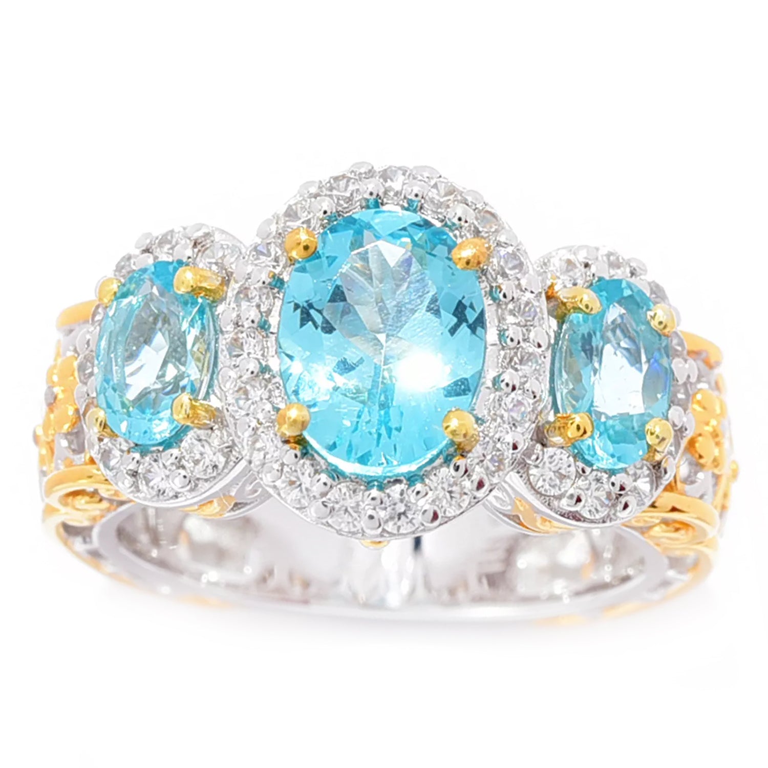 Gems en Vogue 3.55ctw Paraiba Apatite & White Zircon Three Stone Halo Ring