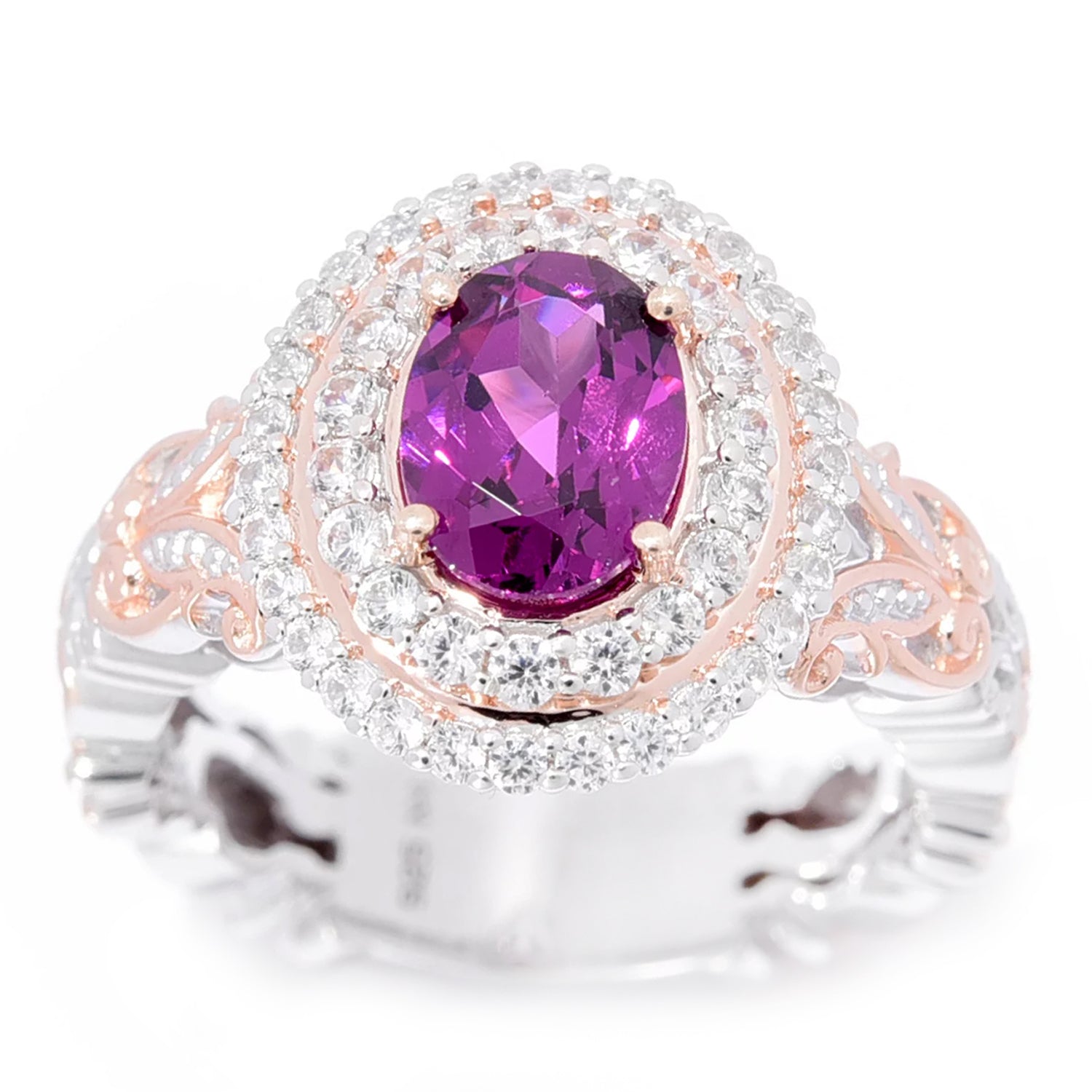Gems en Vogue 2.64ctw Color Change Purple Garnet & White Zircon Double Halo Ring