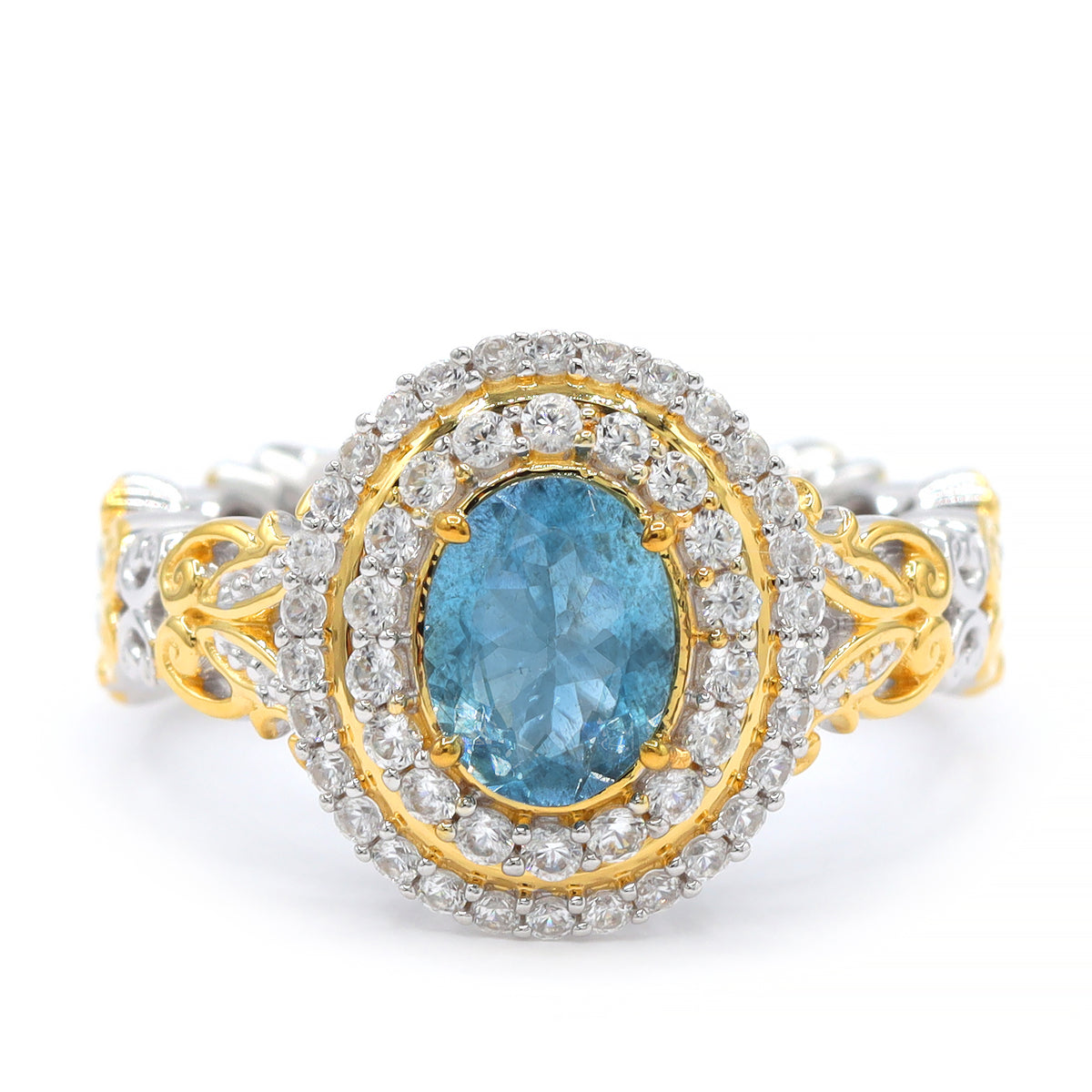 Bague à halo en aigue-marine de Tanzanie et zircon blanc 4,06 carats en argent et palladium 24K, pièce unique Couture Gems