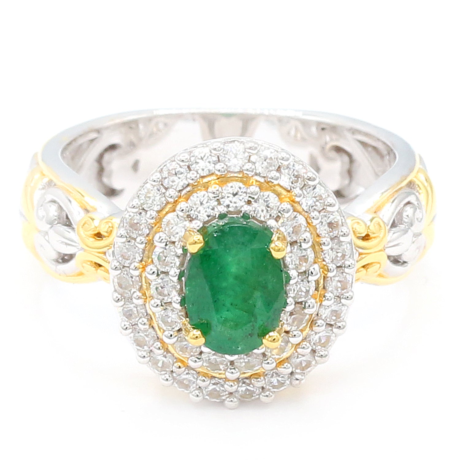 Gems en Vogue 1.62ctw Emerald & White Zircon Double Halo Ring