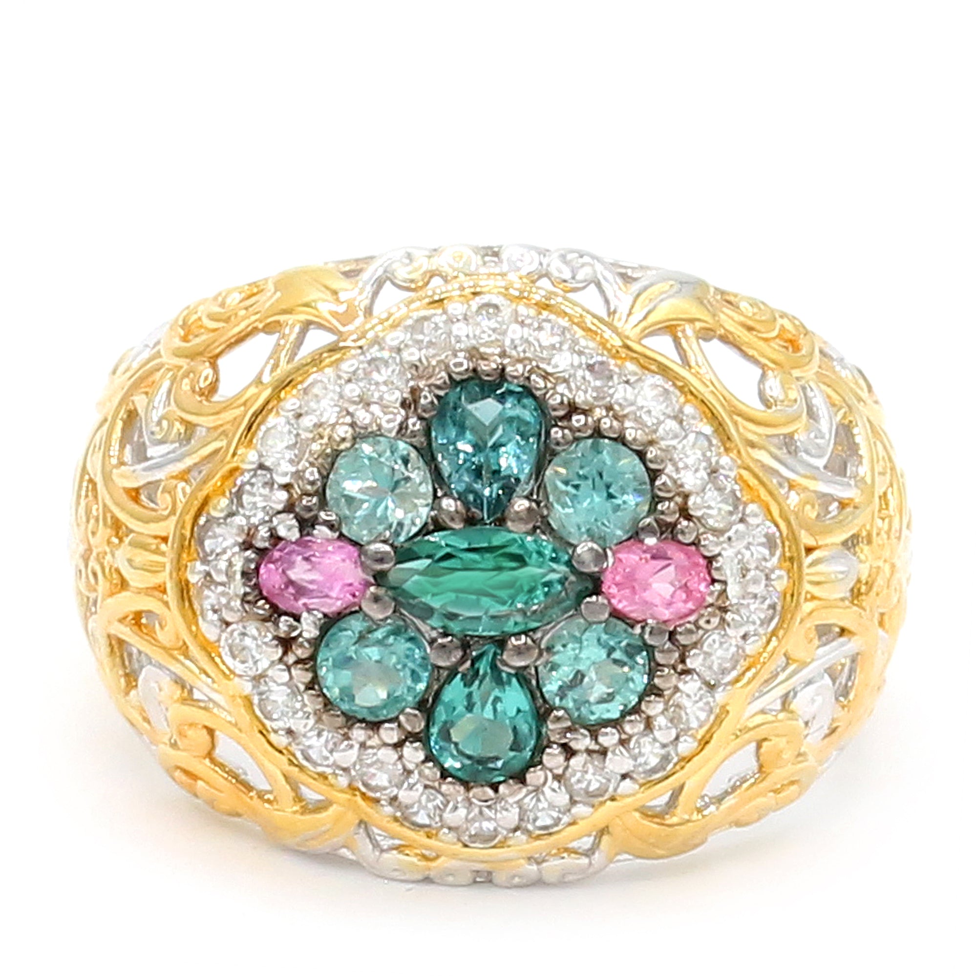 Gems en Vogue 24K Palladium Silver 1.68ctw Teal Tourmaline, Pink Spinel & White Zircon Ring