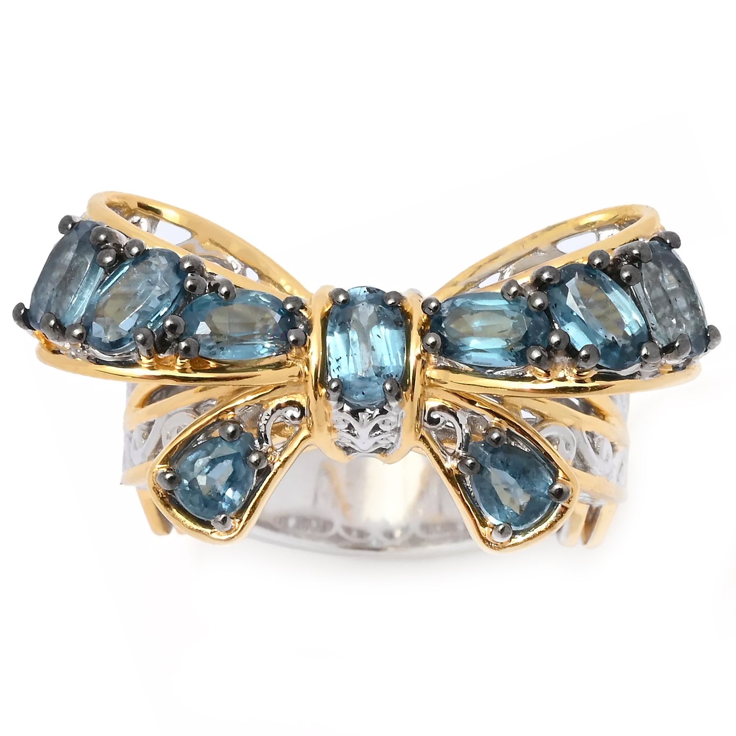 Gems en Vogue 2.71ctw Oval & Pear Shape Teal Kyanite Bow Ring