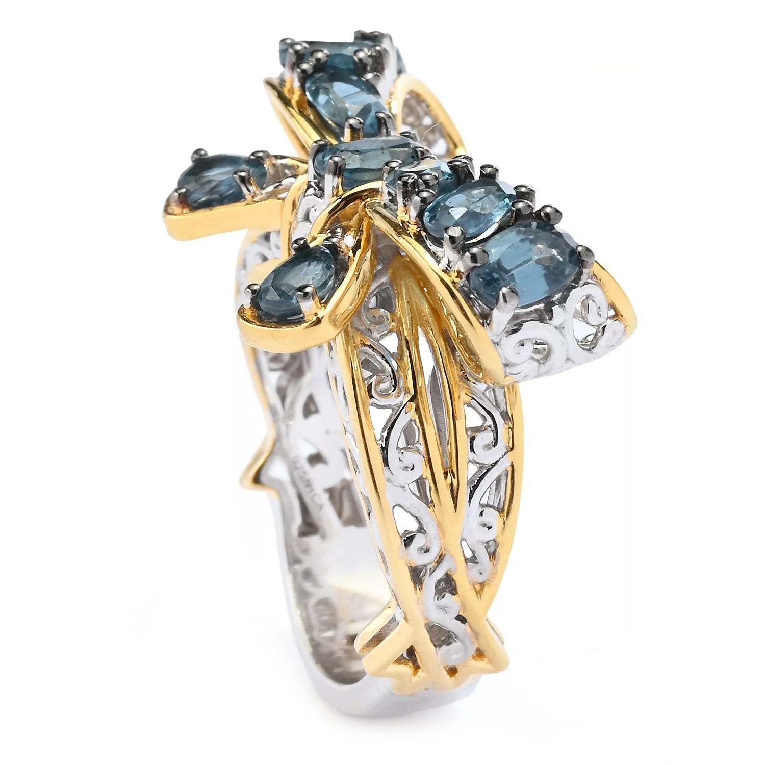 Gems en Vogue 2.71ctw Oval & Pear Shape Teal Kyanite Bow Ring