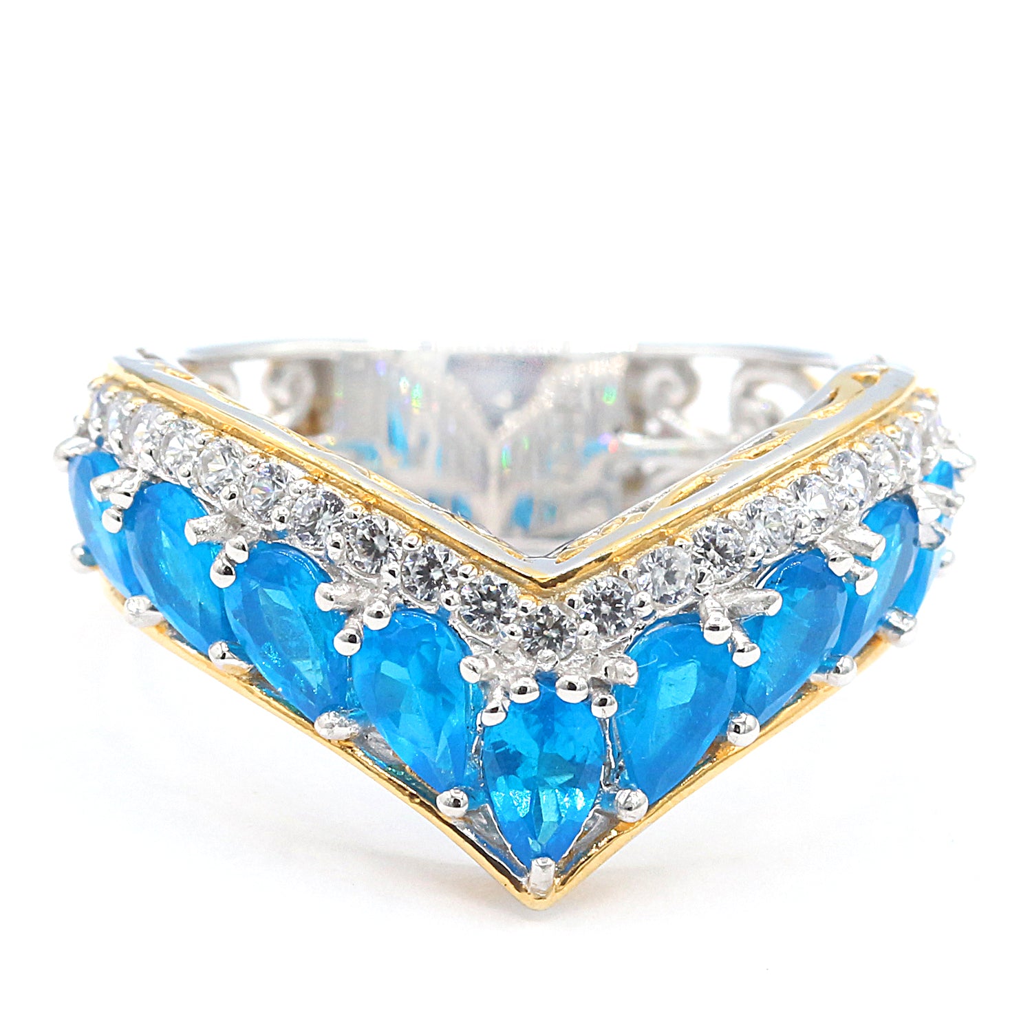 Gems en Vogue 2.76ctw Neon Apatite & White Zircon V-Shaped Ring