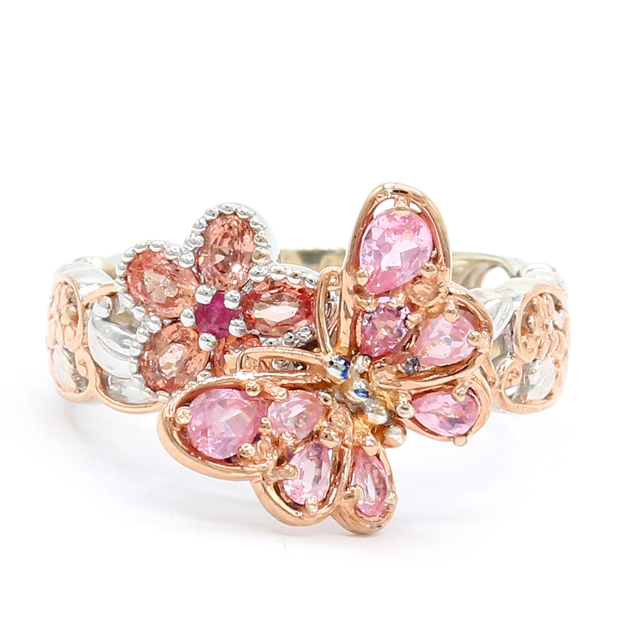 Gems en Vogue 18K Palladium Silver 1.45ctw Tanzanian Pink Spinel, Padparadscha Sapphire & Ruby Butterfly & Flower Ring