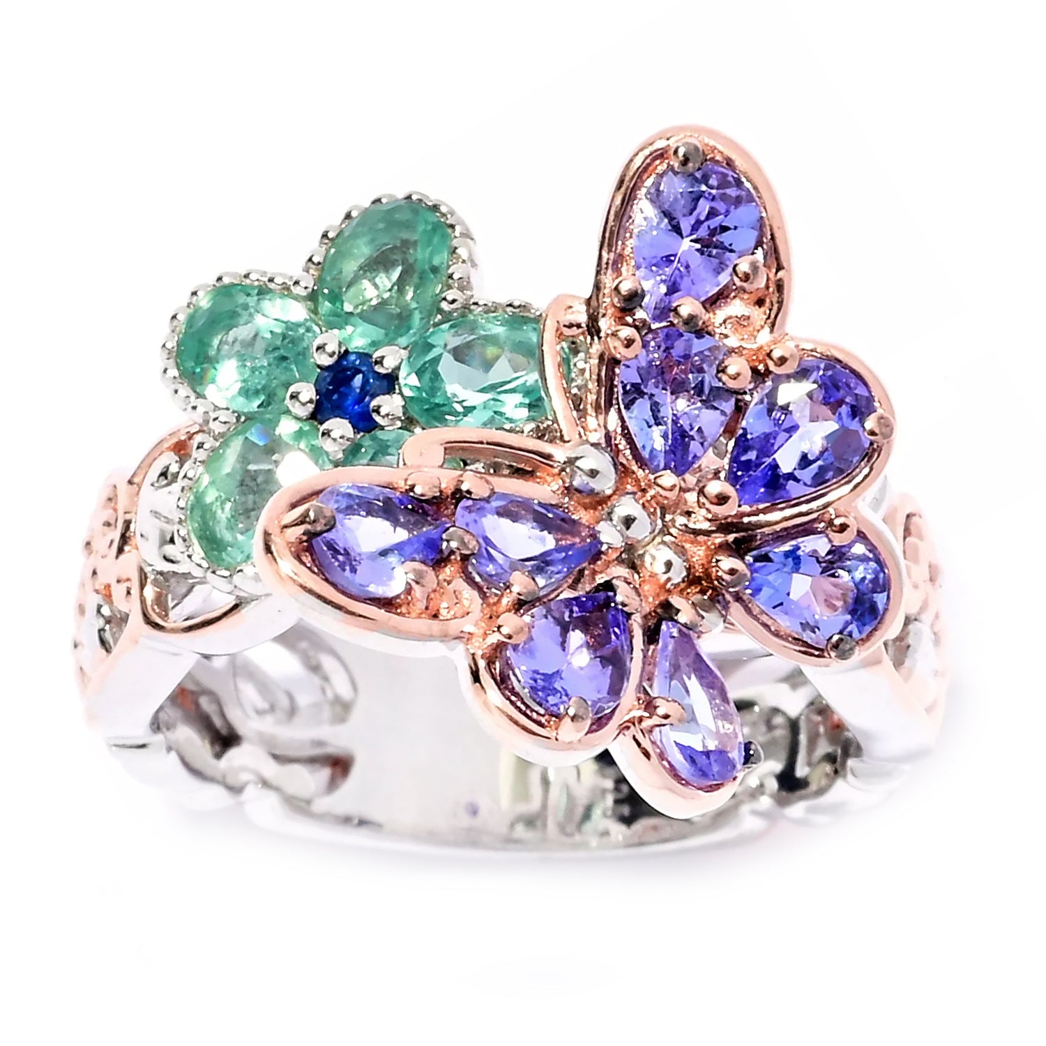 Gems en Vogue 2.01ctw Tanzanite, Dauphin Apatite & Blue Sapphire Butterfly & Flower Ring
