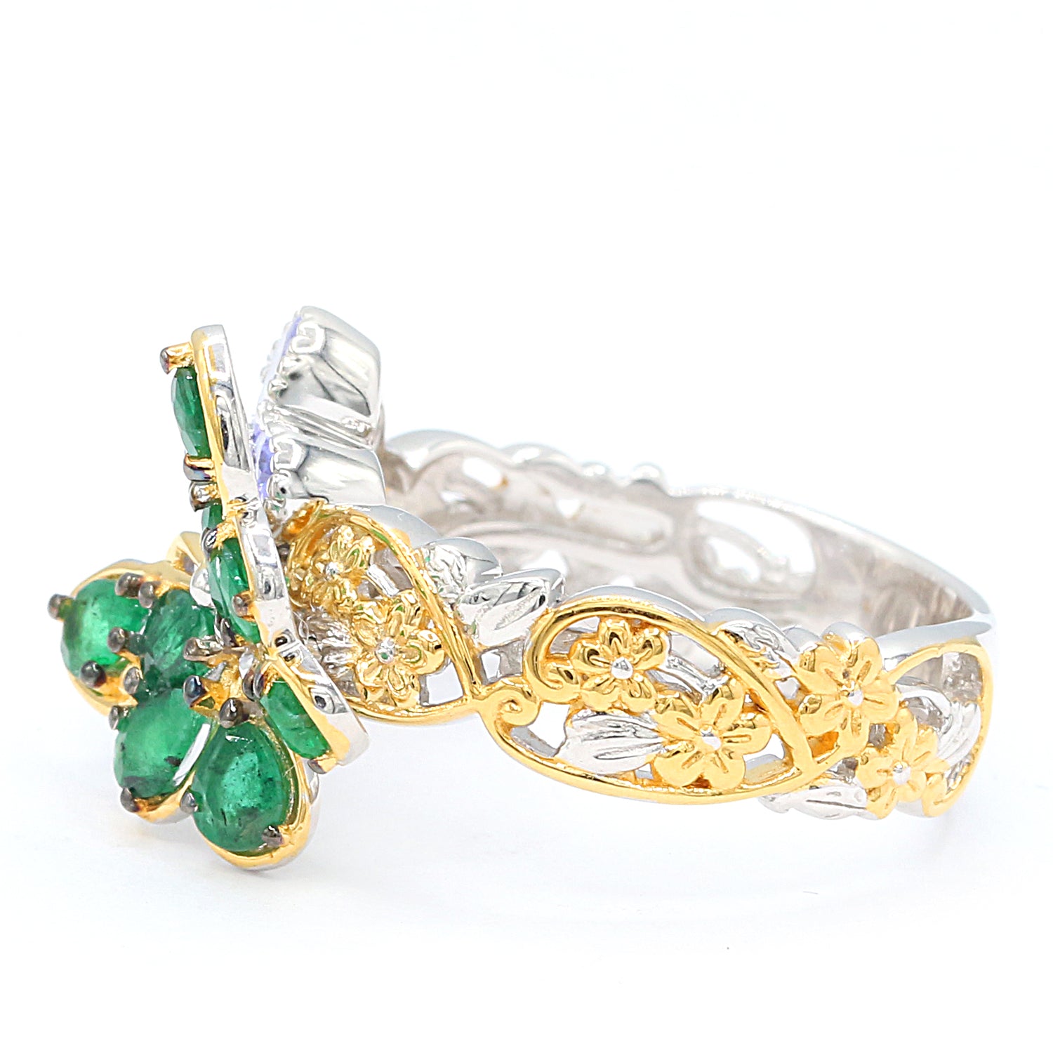 Gems en Vogue 2.40ctw Grizzly Emerald & Tanzanite Butterfly & Flower Ring