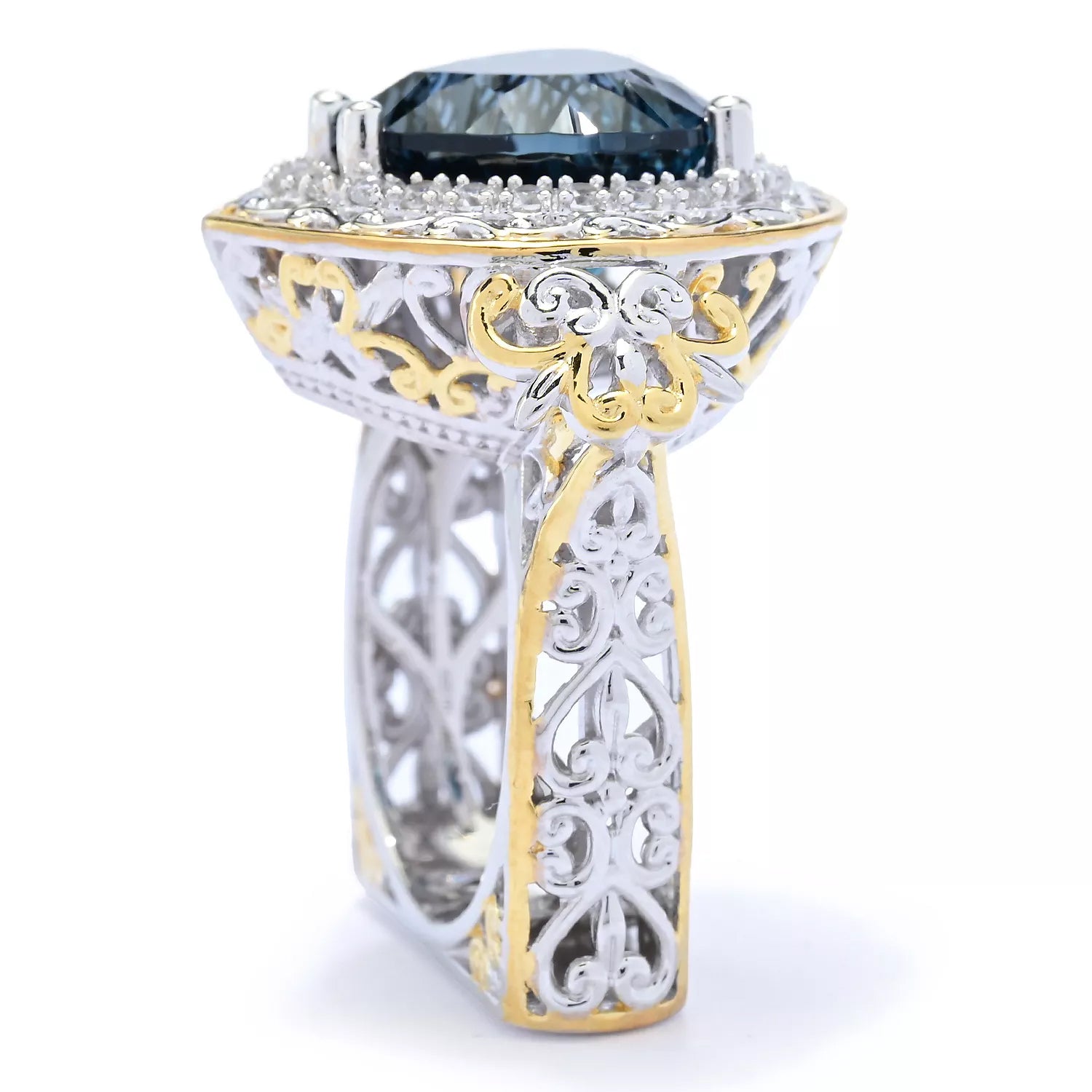 Gems en Vogue 8.48ctw Concave Cut London Blue Topaz & White Zircon Heart Ring