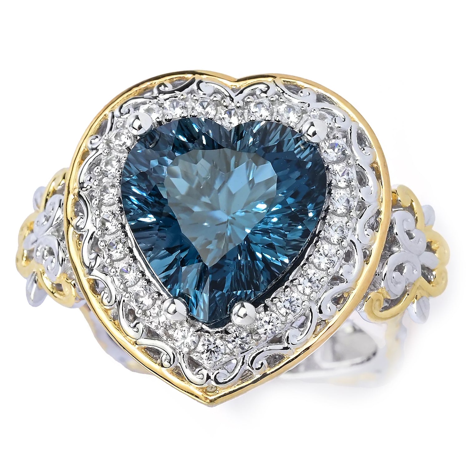 Gems en Vogue 8.48ctw Concave Cut London Blue Topaz & White Zircon Heart Ring