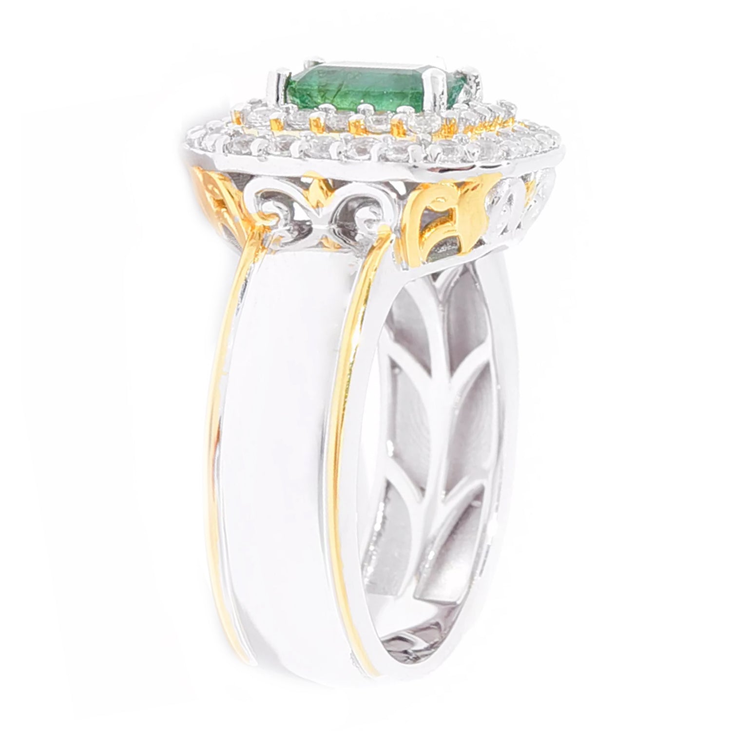 Gems en Vogue 1.76ctw Octagon Grizzly Emerald & White Zircon Double Halo Ring