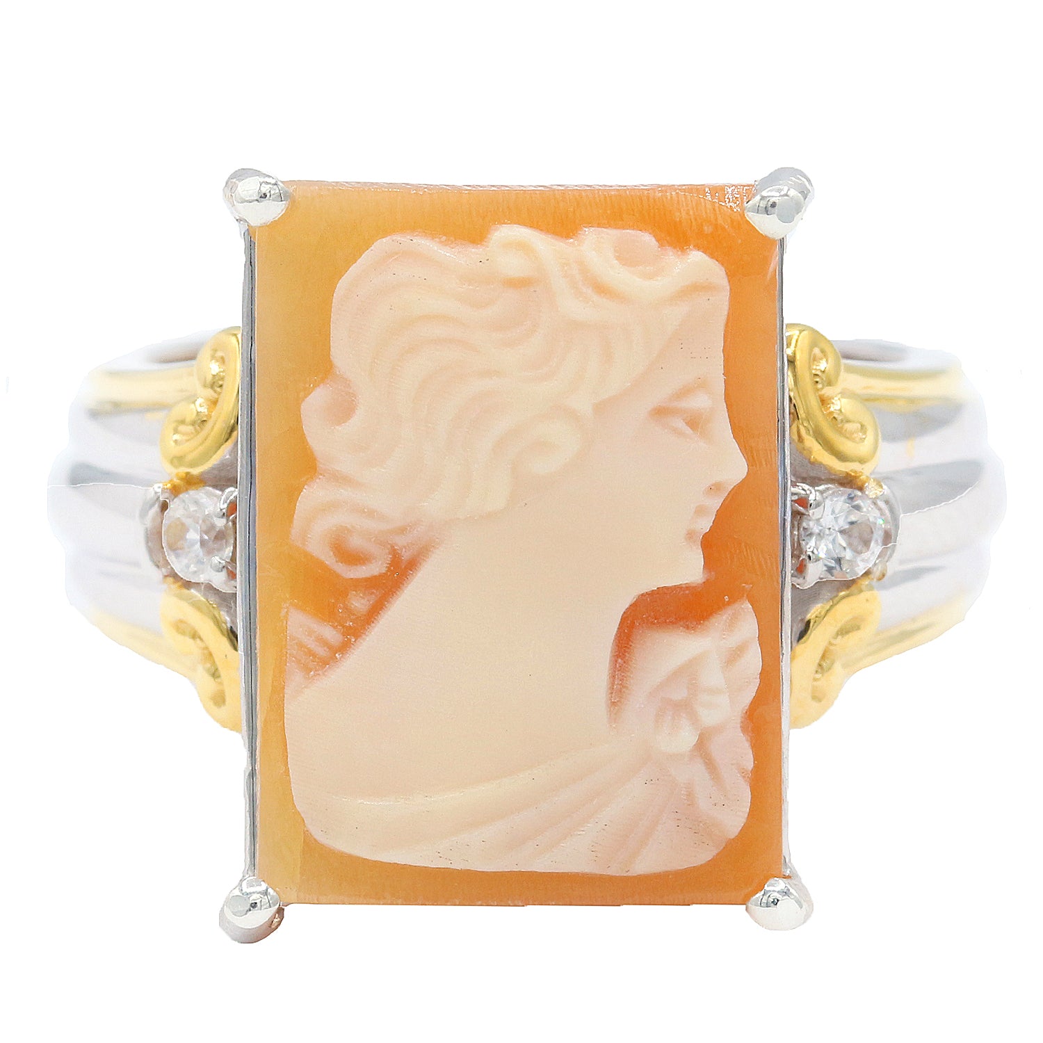 Gems en Vogue Rectangular Carved Cameo & White Zircon Lady Portrait Ring