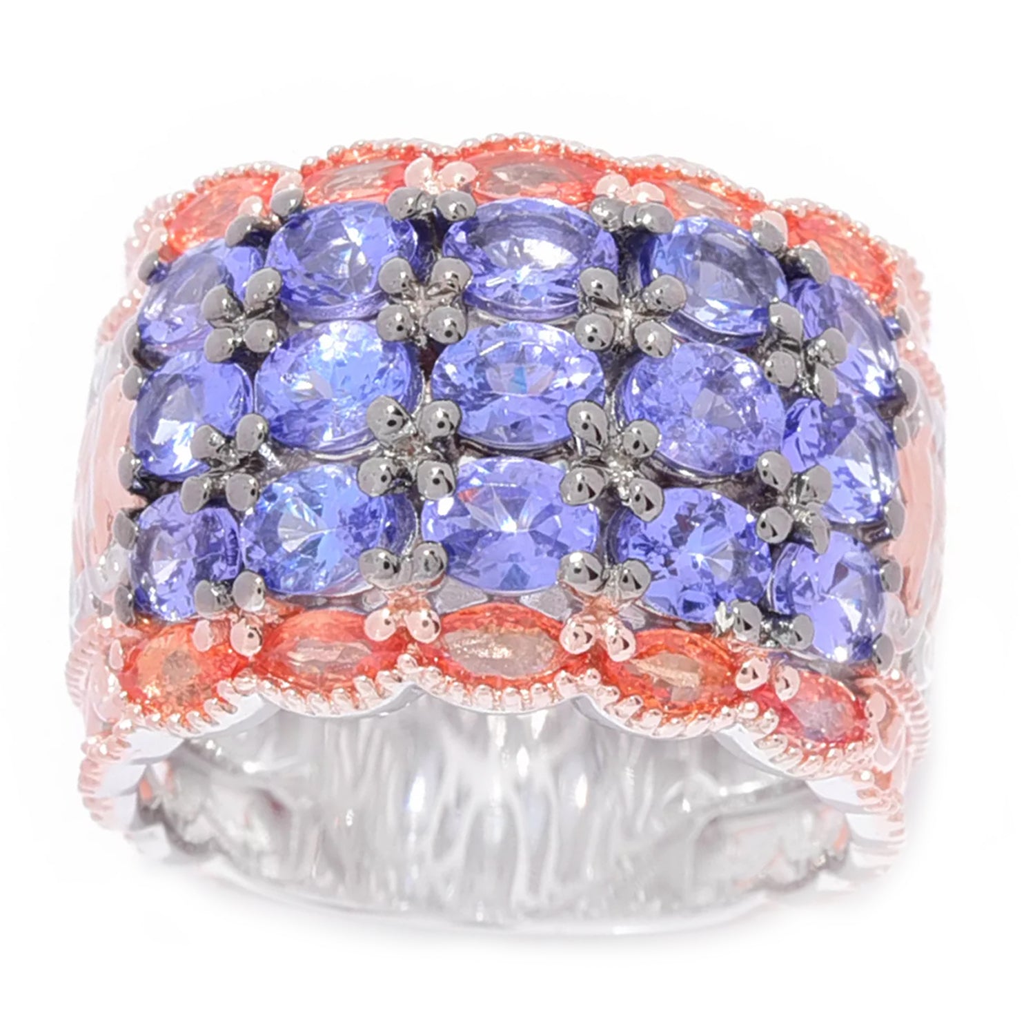 Gems en Vogue 3.94ctw Tanzanite & Padparadscha Sapphire Wide Band Ring by