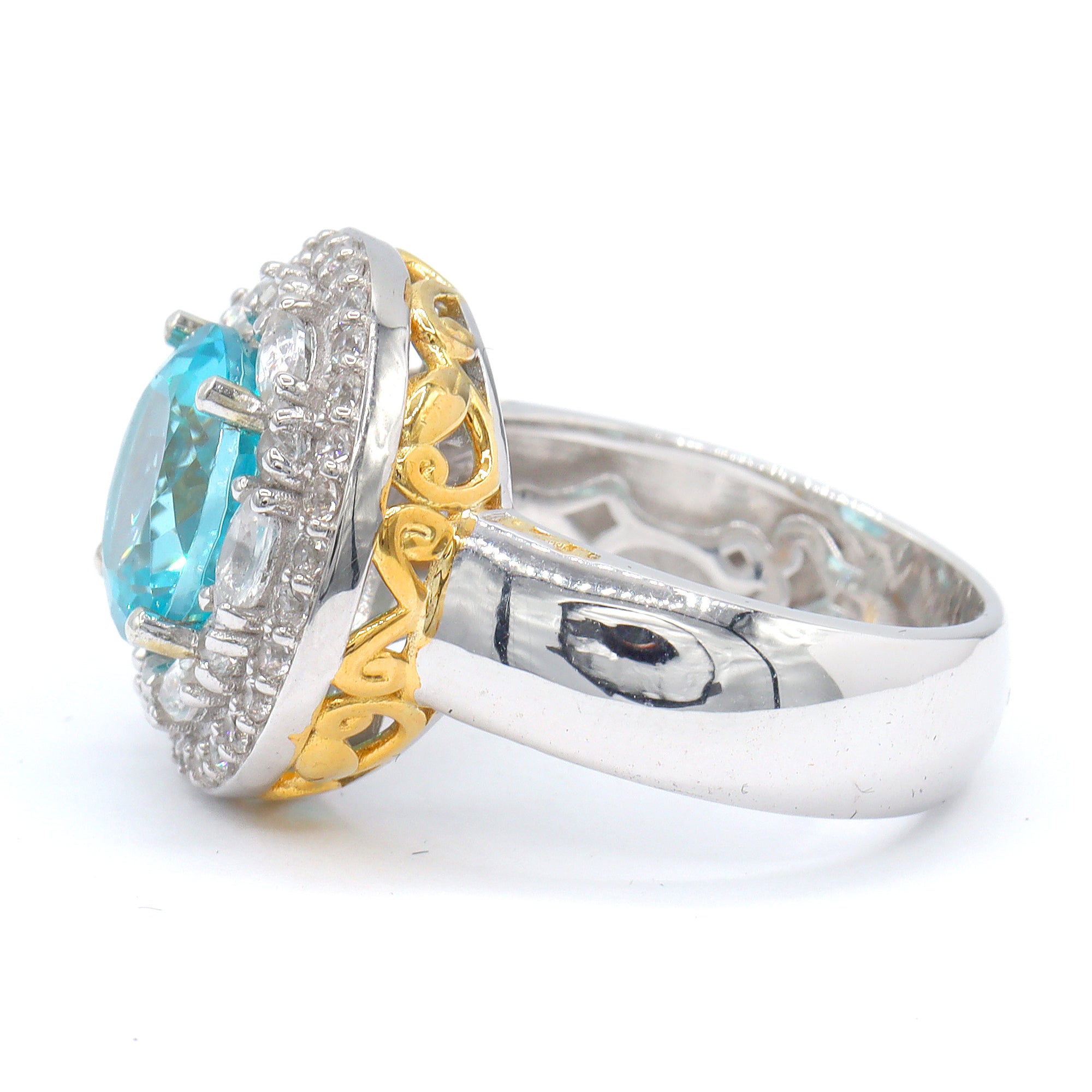 Gems en Vogue 24K Palladium Silver 6.52ctw Paraiba Topaz & White Zircon Double Halo Ring