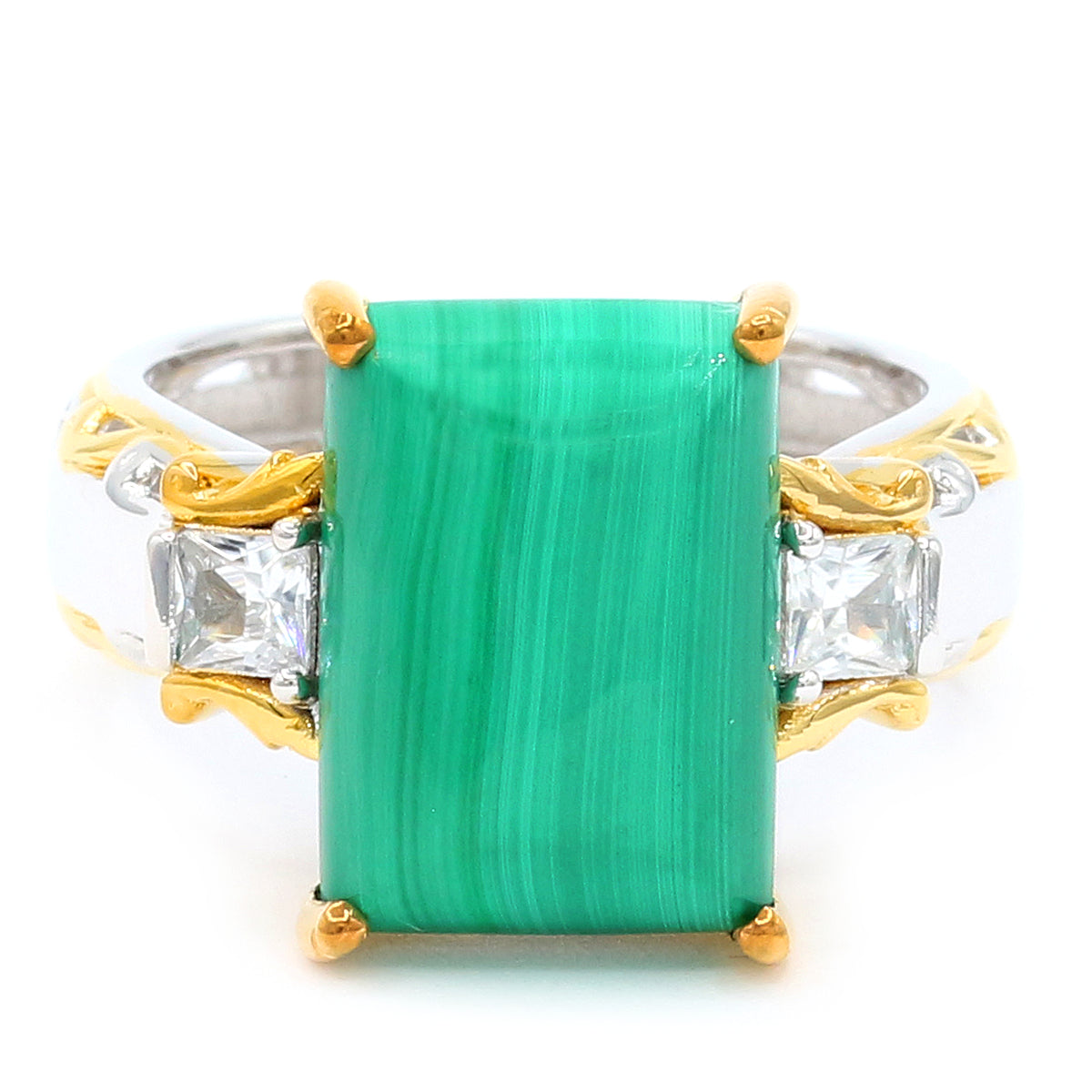Gems en Vogue 24K Palladium Silver Malachite & White Zircon Ring