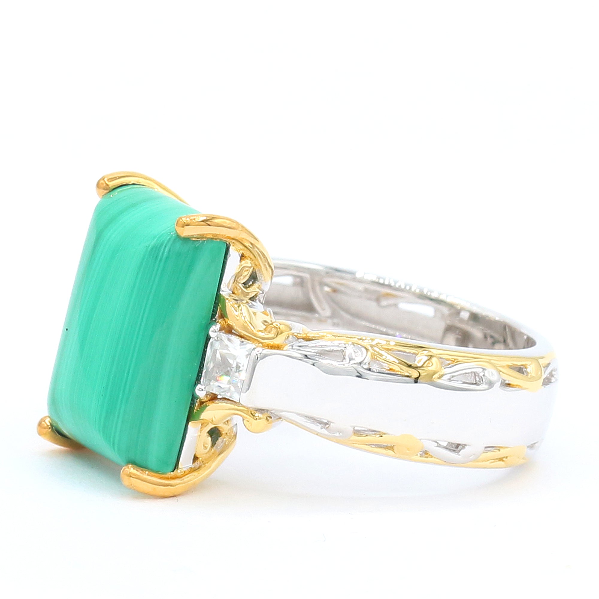 Gems en Vogue 24K Palladium Silver Malachite & White Zircon Ring