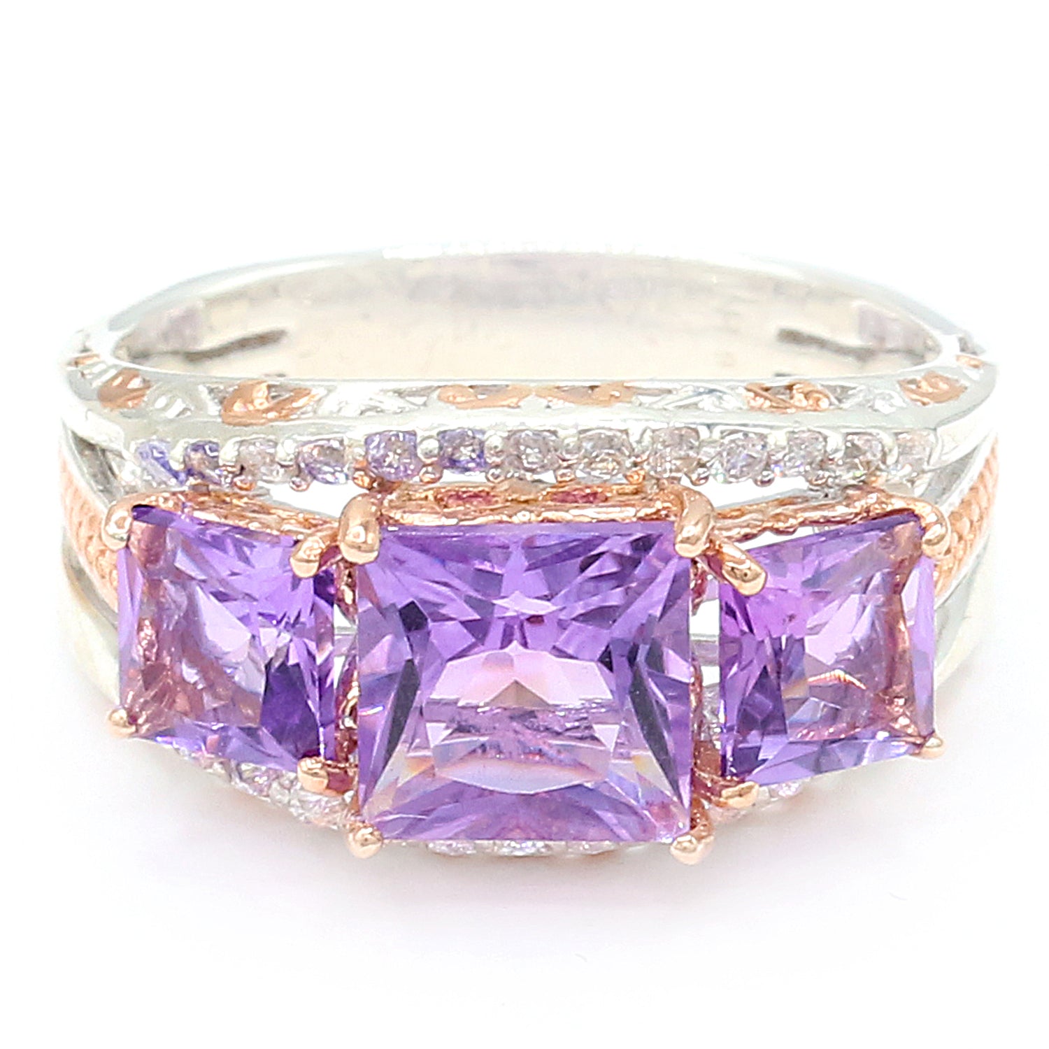 Gems en Vogue 6.29ctw Brazilian Amethyst & White Zircon Three Stone Ring